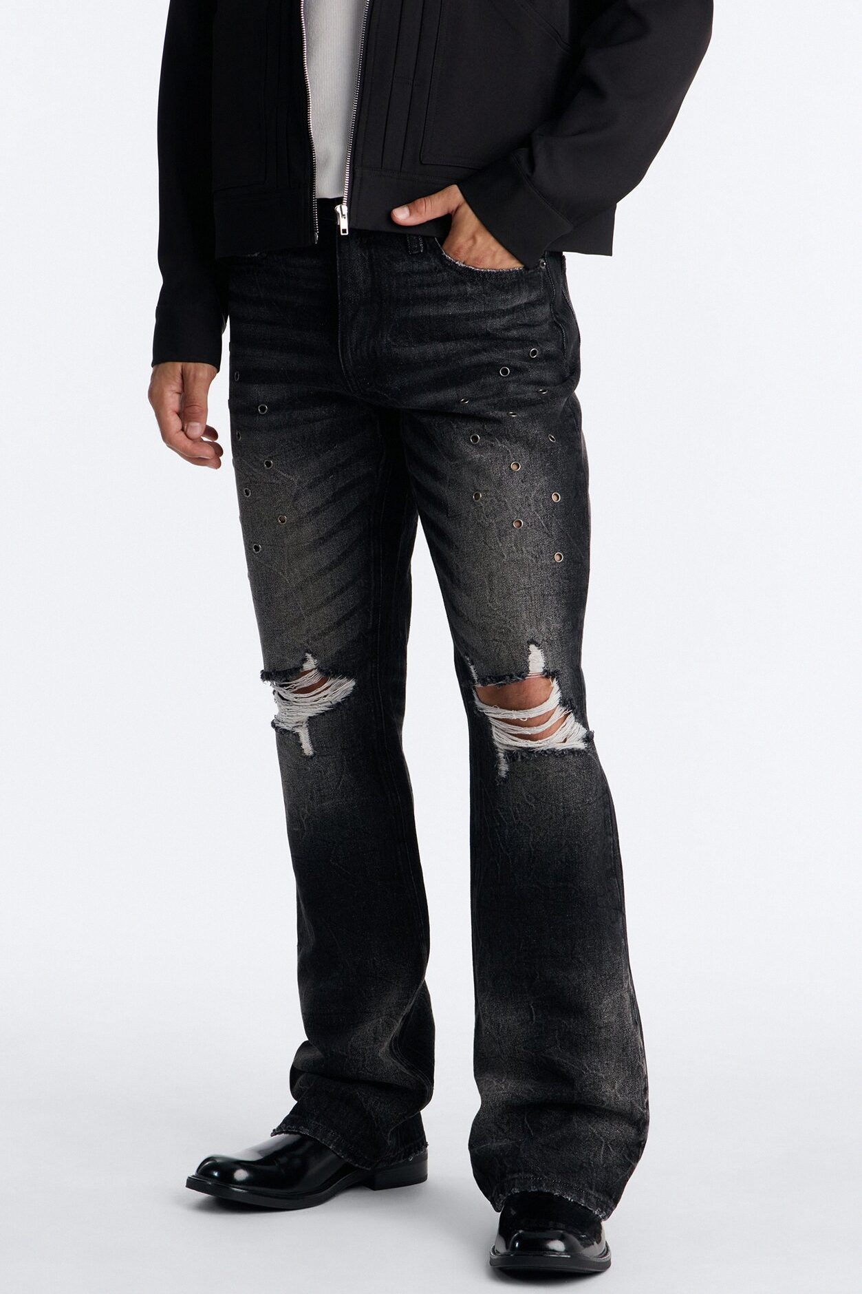 Stacked Slim Flare Looking Out Distressed Grommet Jean - Black Wash