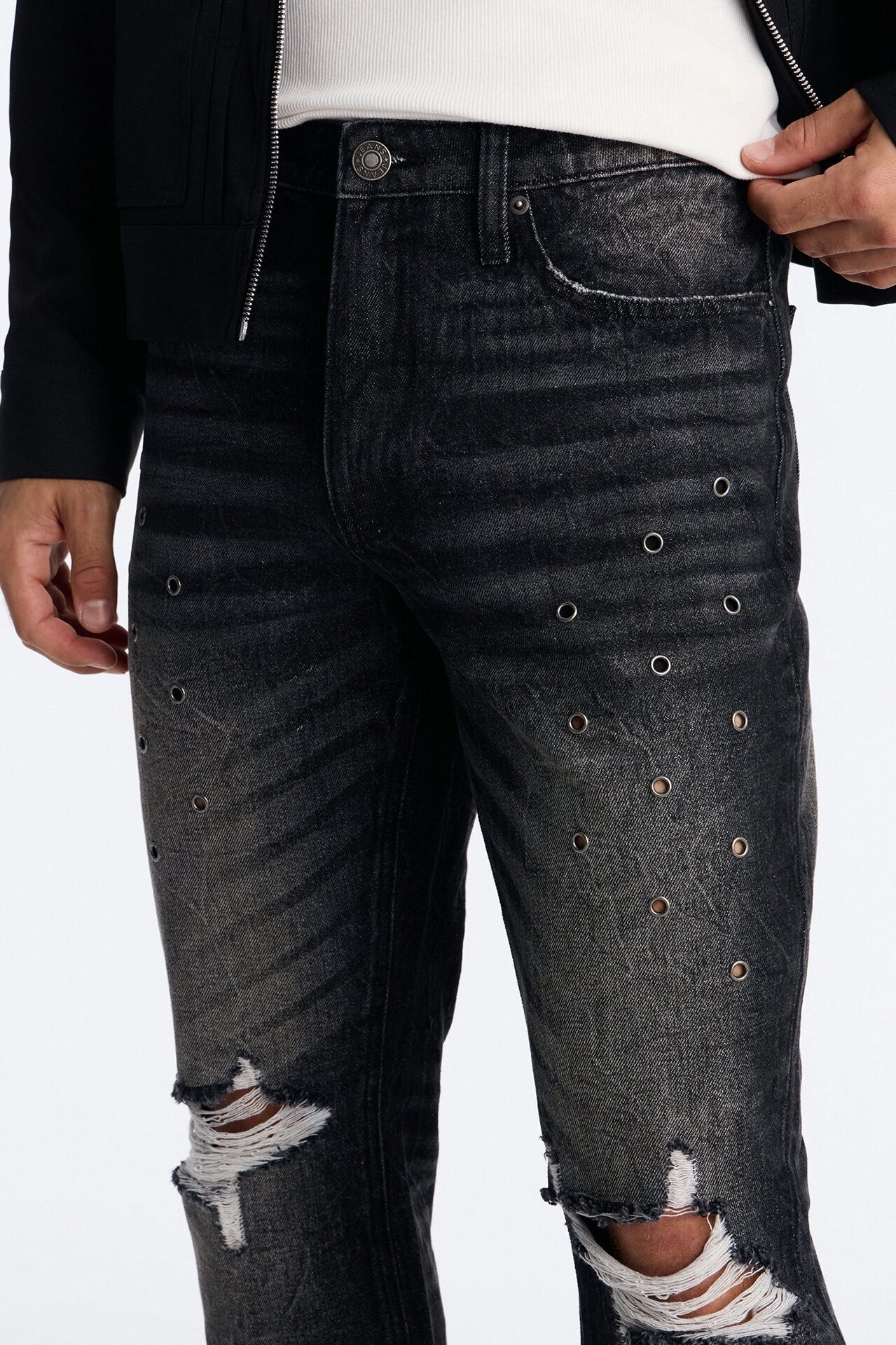 Stacked Slim Flare Looking Out Distressed Grommet Jean - Black Wash