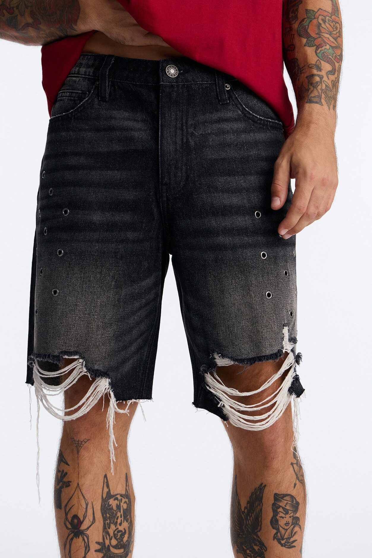 Relaxed Looking Out Distressed Grommet Denim Short - Black Wash