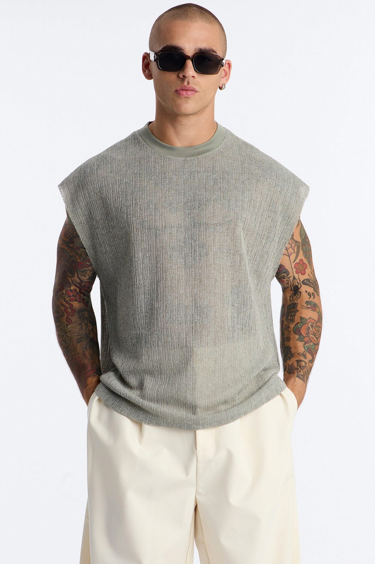 Oversized Sand Shell Sleeveless Tee - Sage