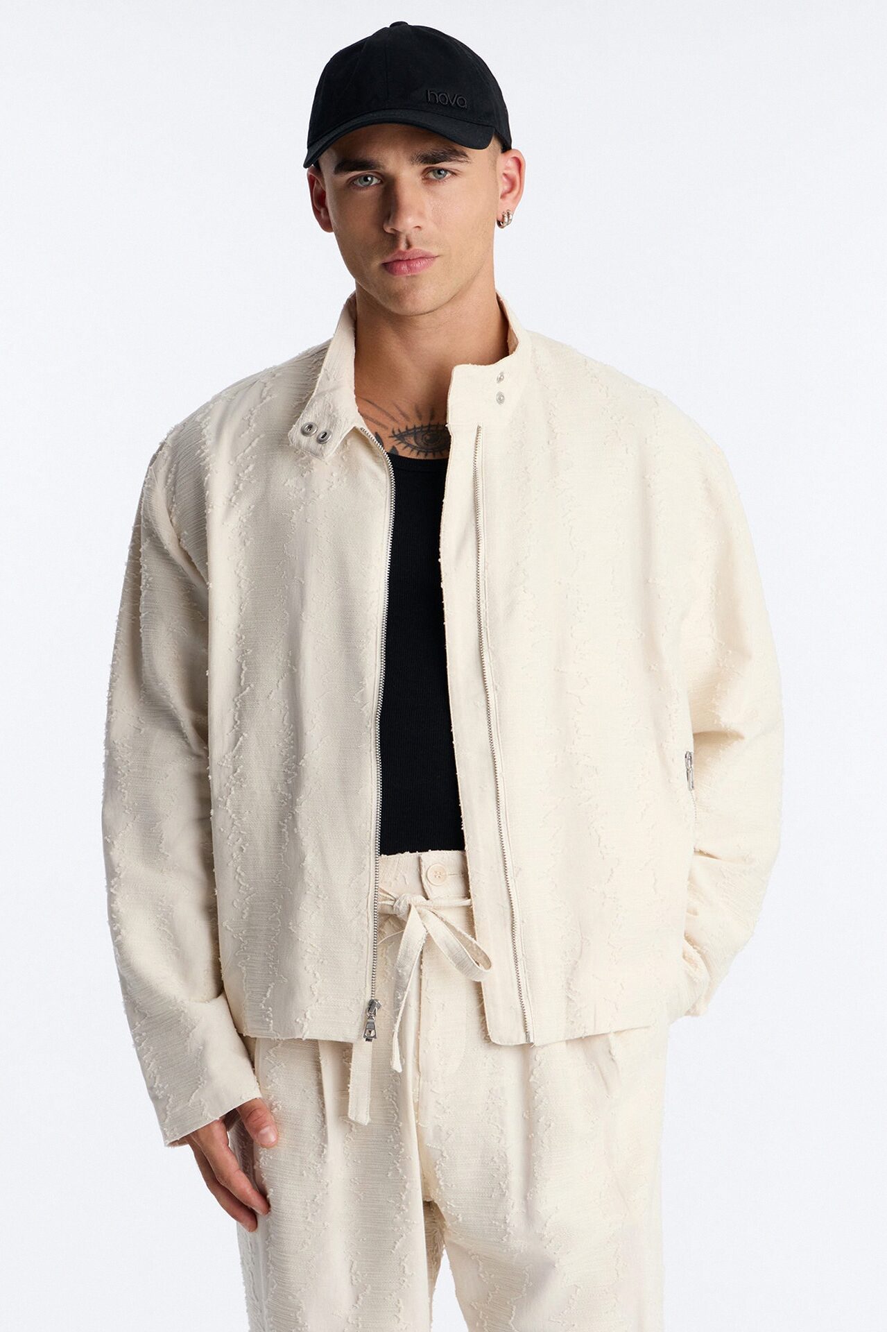 Relaxed Cropped Textured Distressed Linen Bomber Jacket - Oatmeal