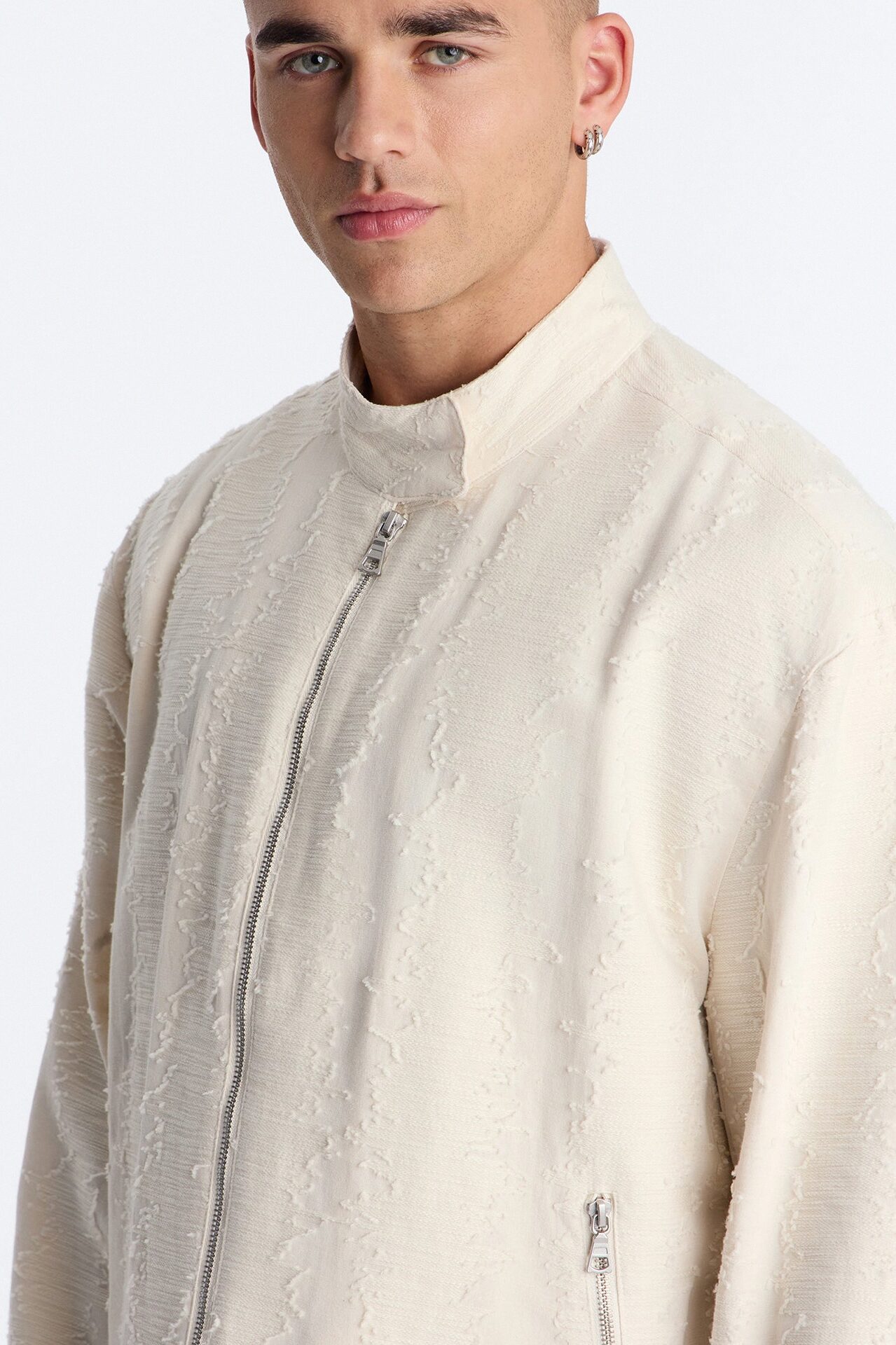Relaxed Cropped Textured Distressed Linen Bomber Jacket - Oatmeal