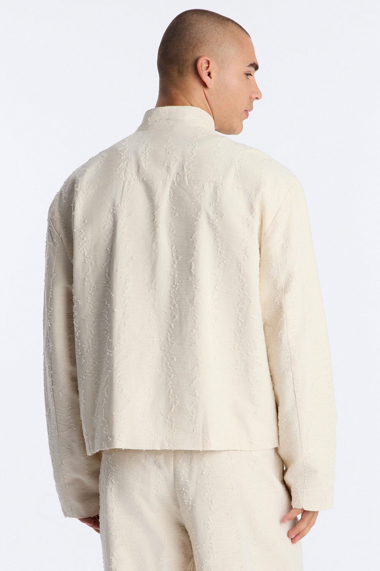 Relaxed Cropped Textured Distressed Linen Bomber Jacket - Oatmeal