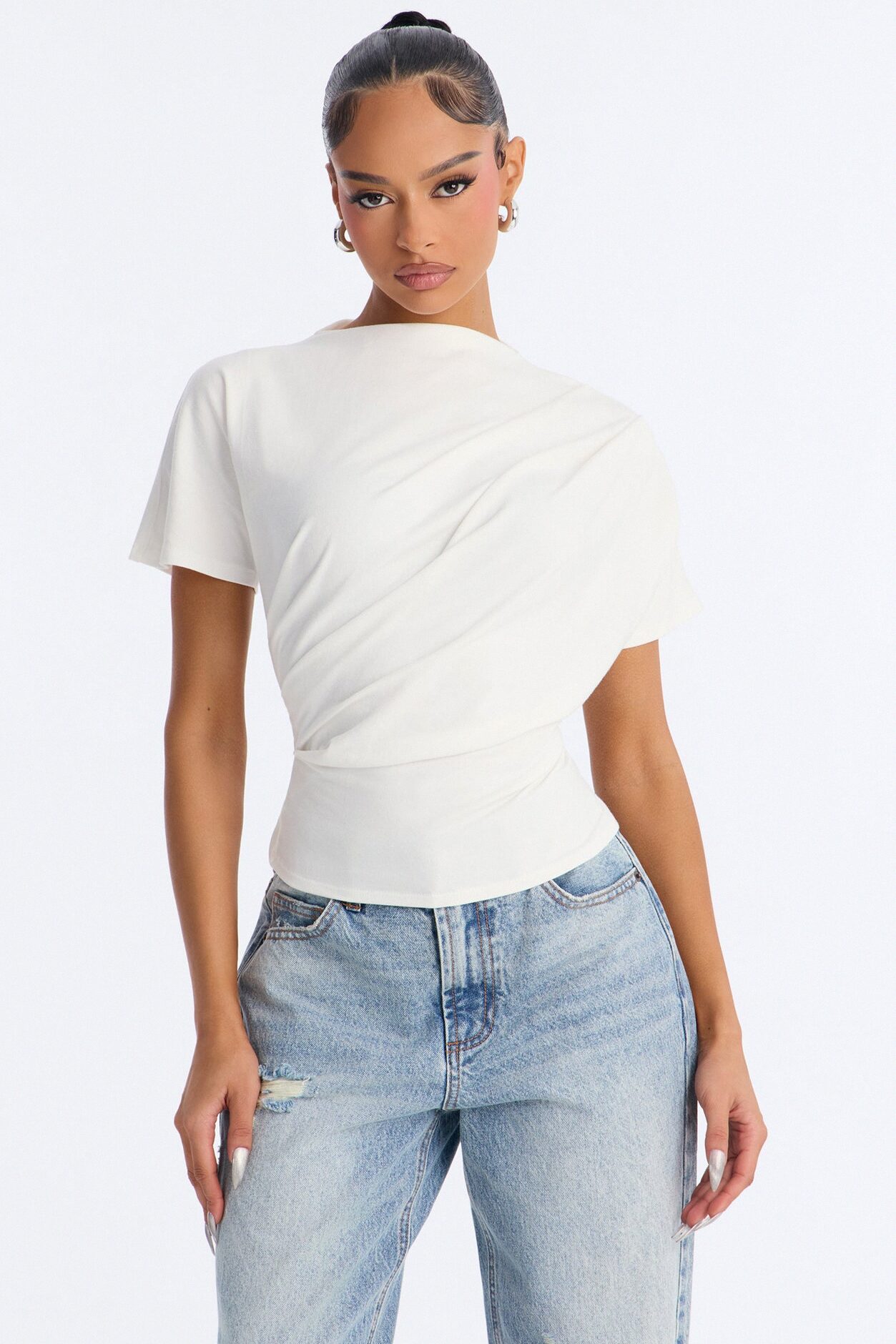 Janice Ruched Mock Neck Short Sleeve Tee - White