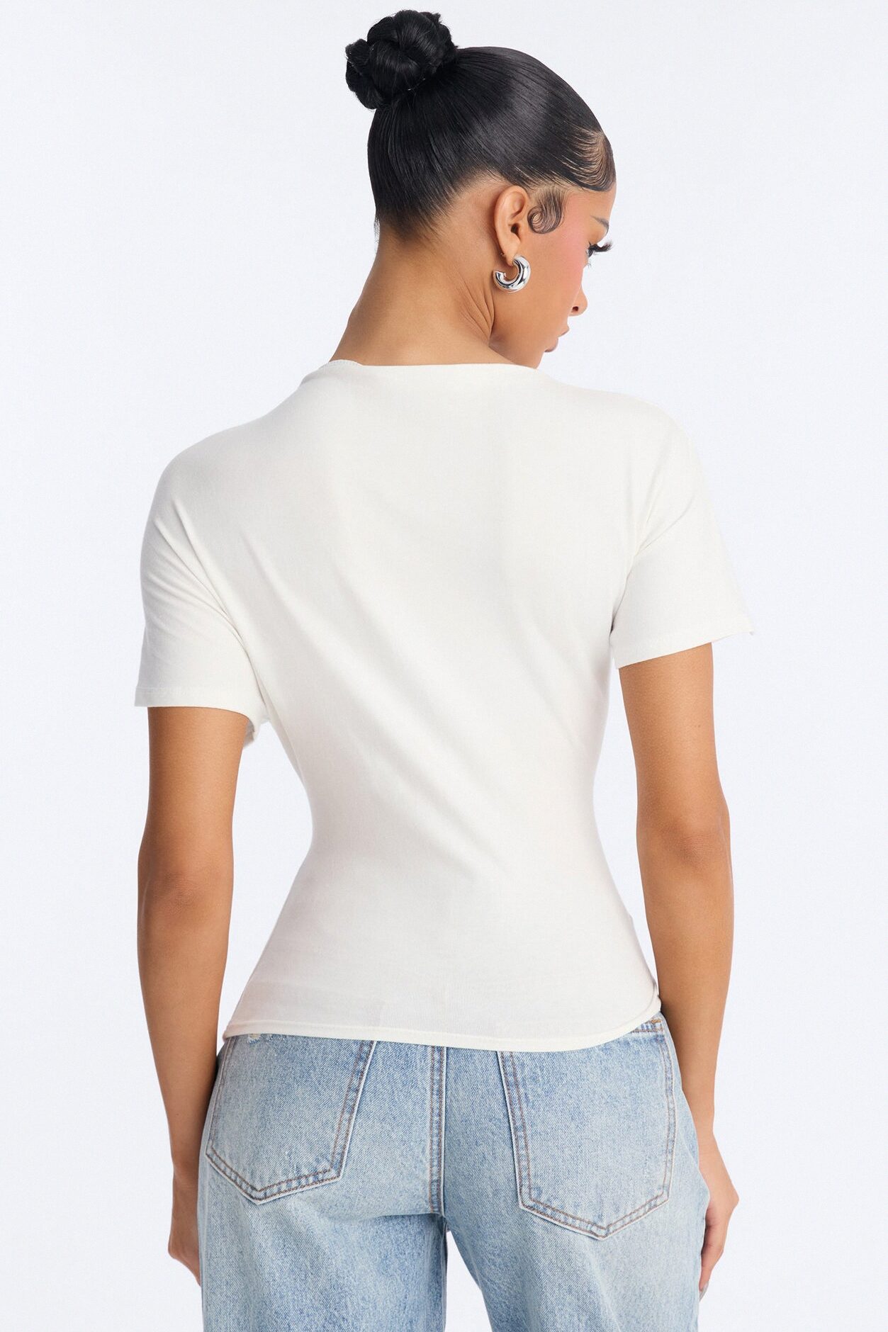 Janice Ruched Mock Neck Short Sleeve Tee - White