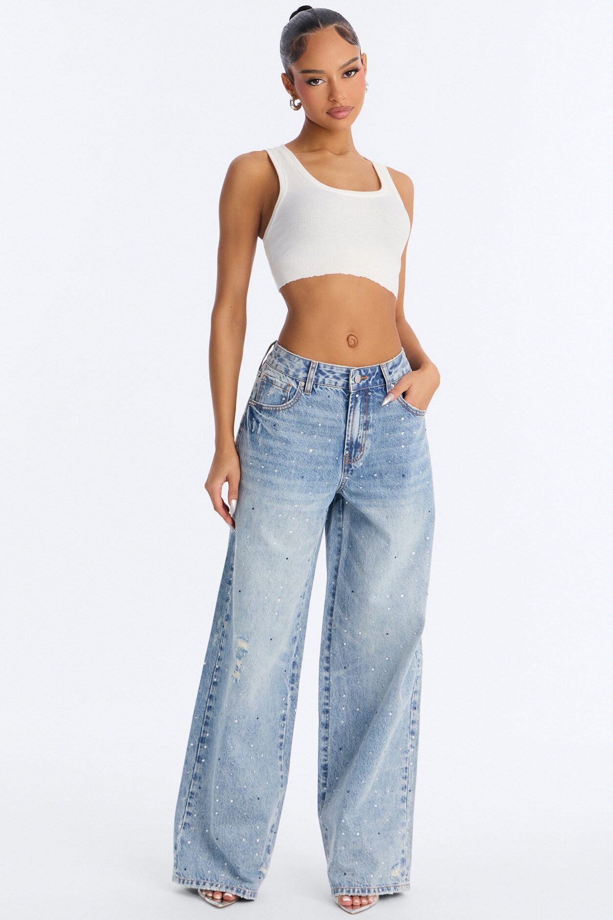 Five Star Favorite Embellished Wide Leg Jeans - Light Wash