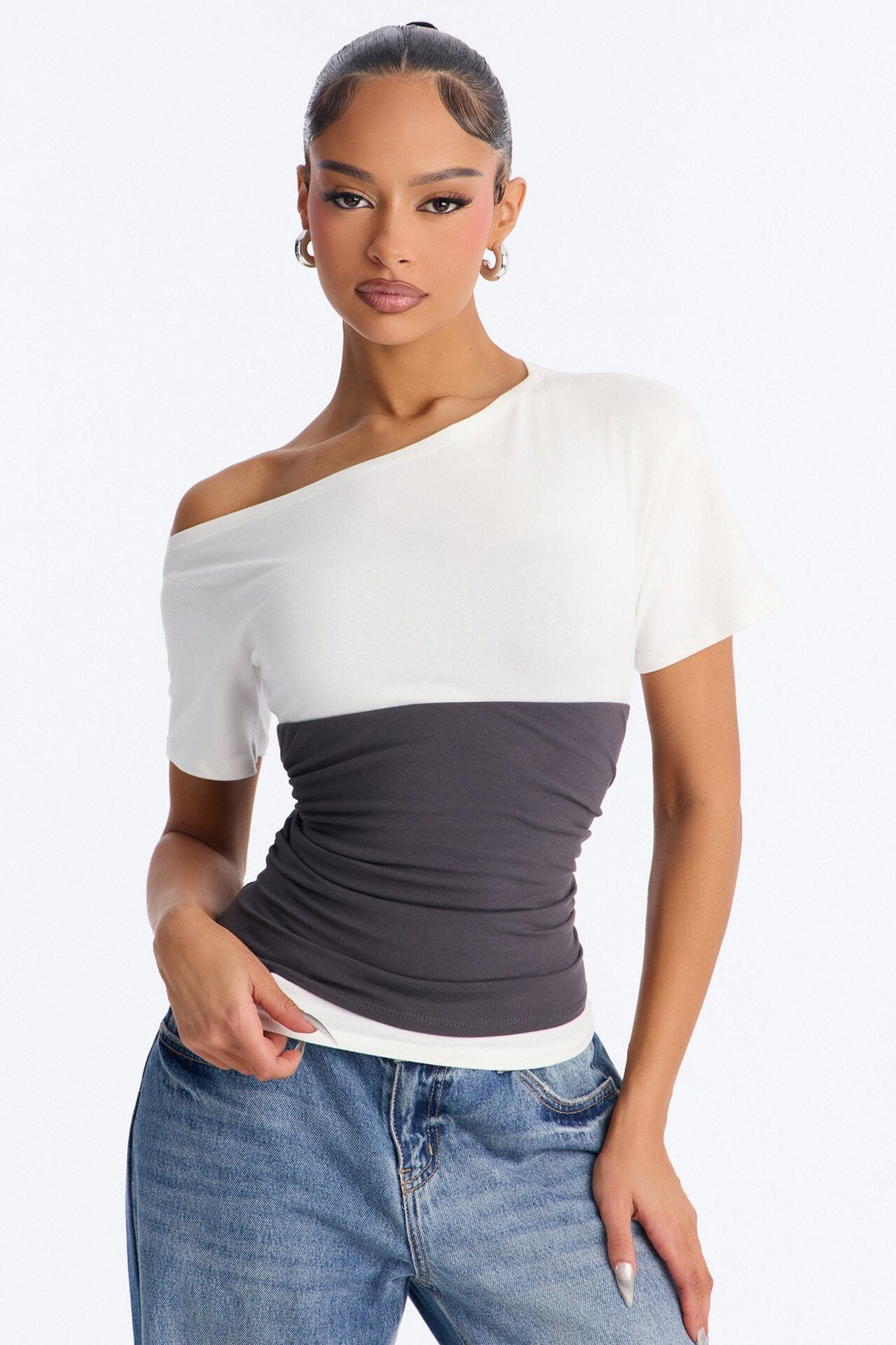 Devon Layered Off Shoulder Tee - White/combo