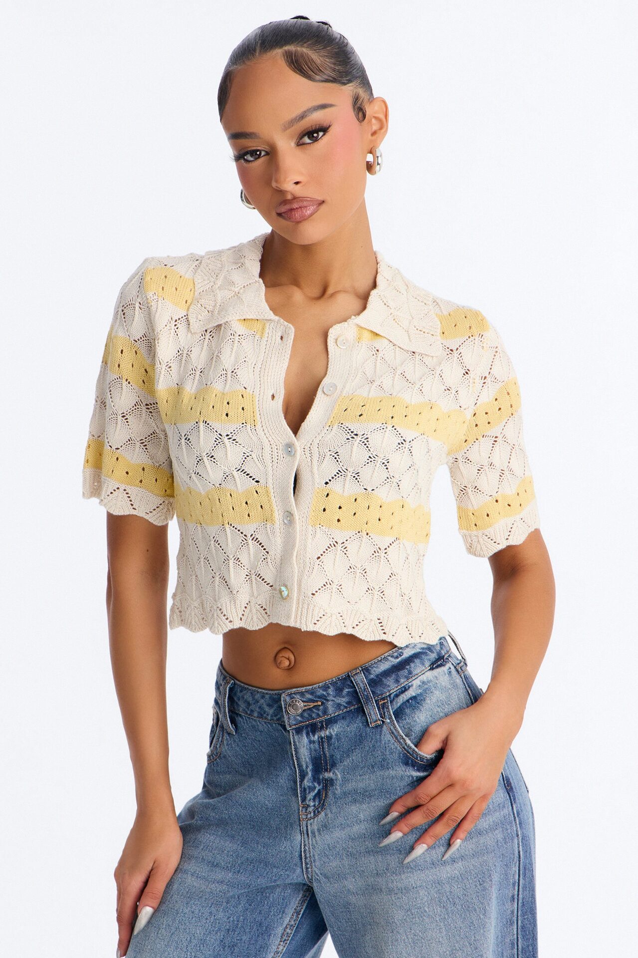Afternoon Breeze Striped Collared Crochet Top - Yellow/combo