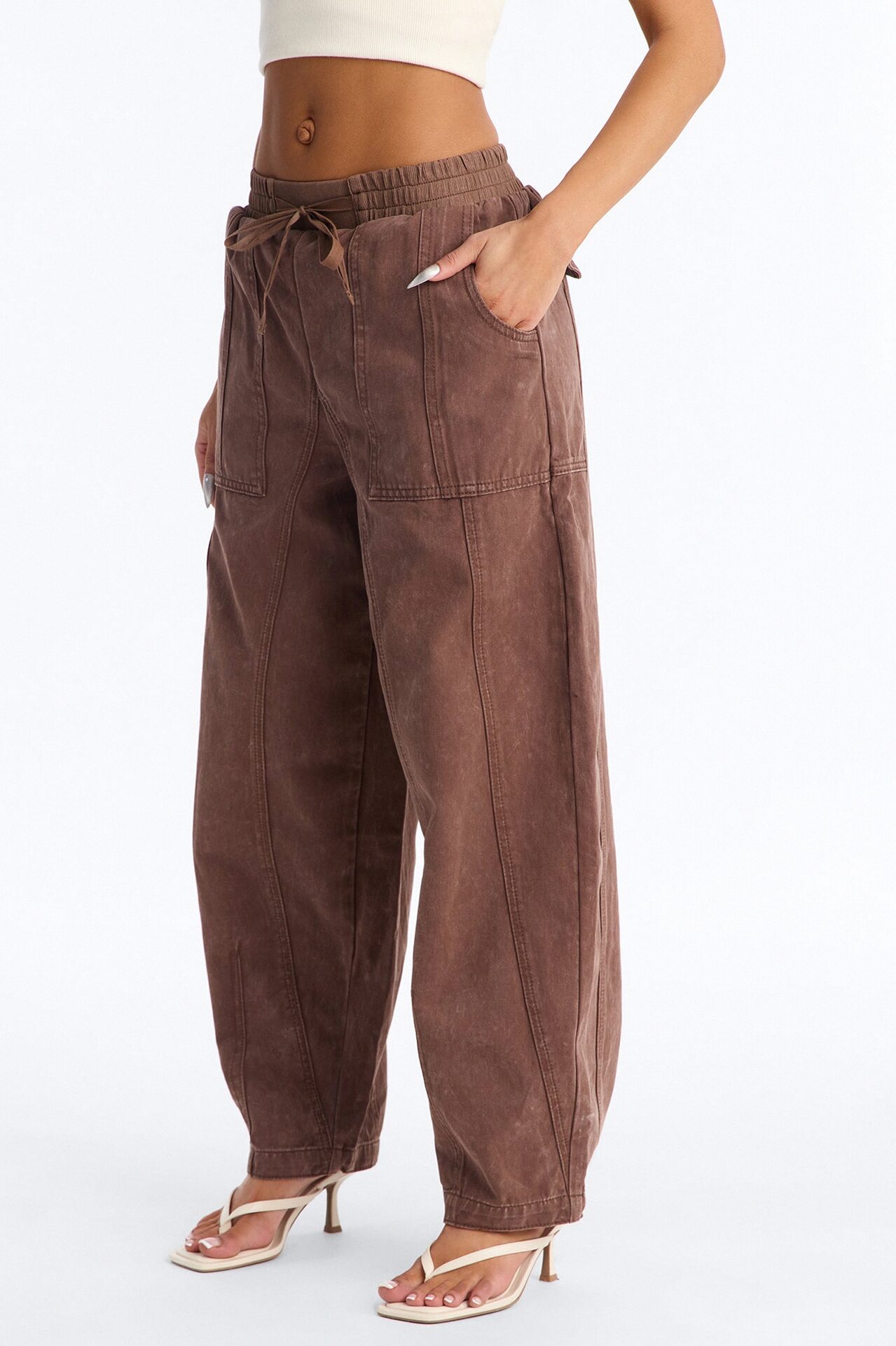 Hit The Road Baggy Pull On Tie Waist Jeans - Brown