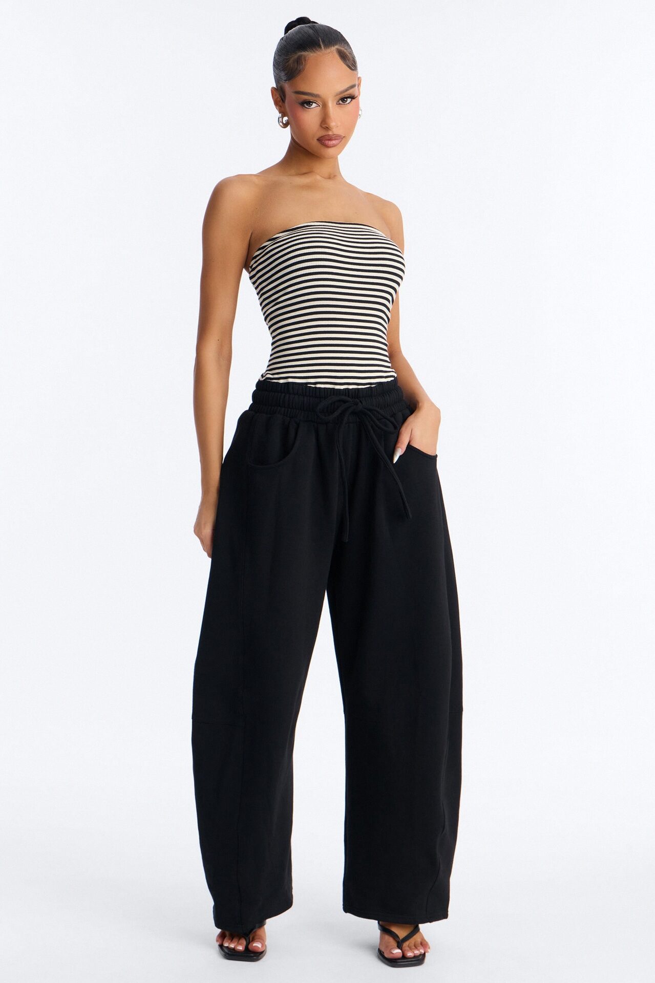 Jules Striped Knit Tube With Fleece Pant Jumpsuit - Black/combo