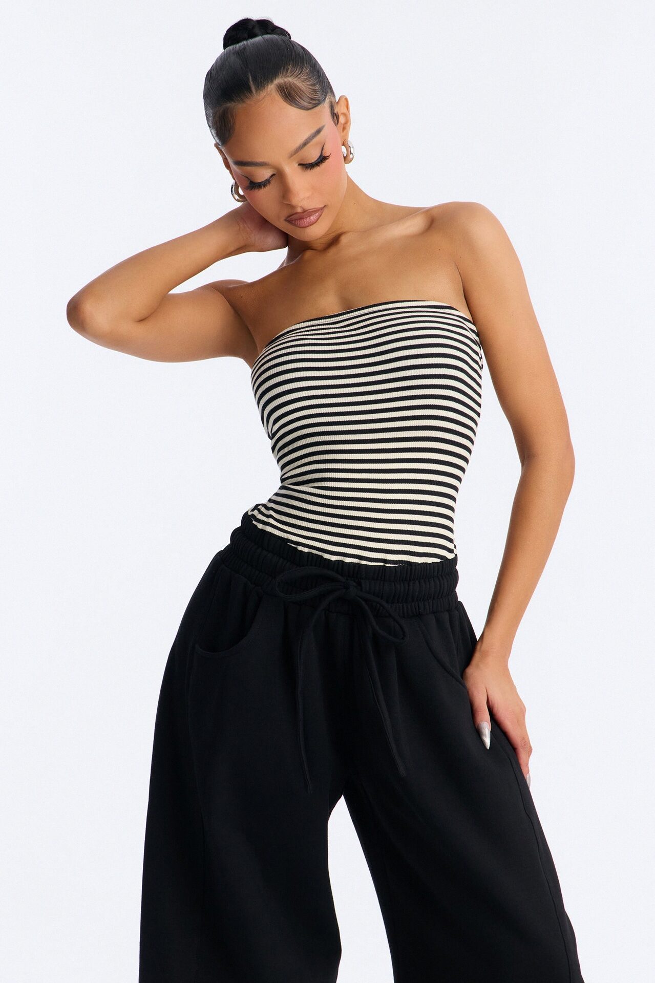 Jules Striped Knit Tube With Fleece Pant Jumpsuit - Black/combo