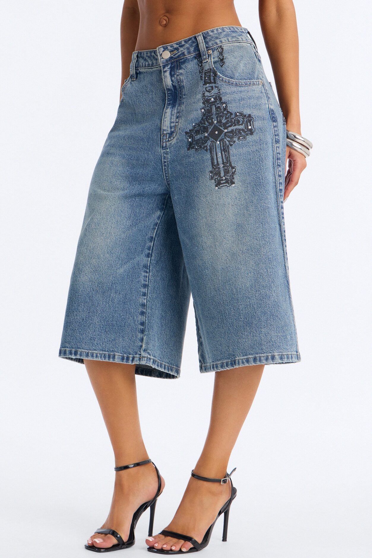 Pray Tell Printed Embellished Denim Jorts - Medium Wash