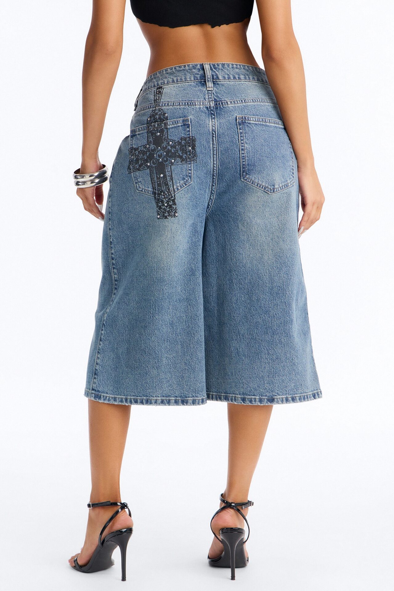 Pray Tell Printed Embellished Denim Jorts - Medium Wash