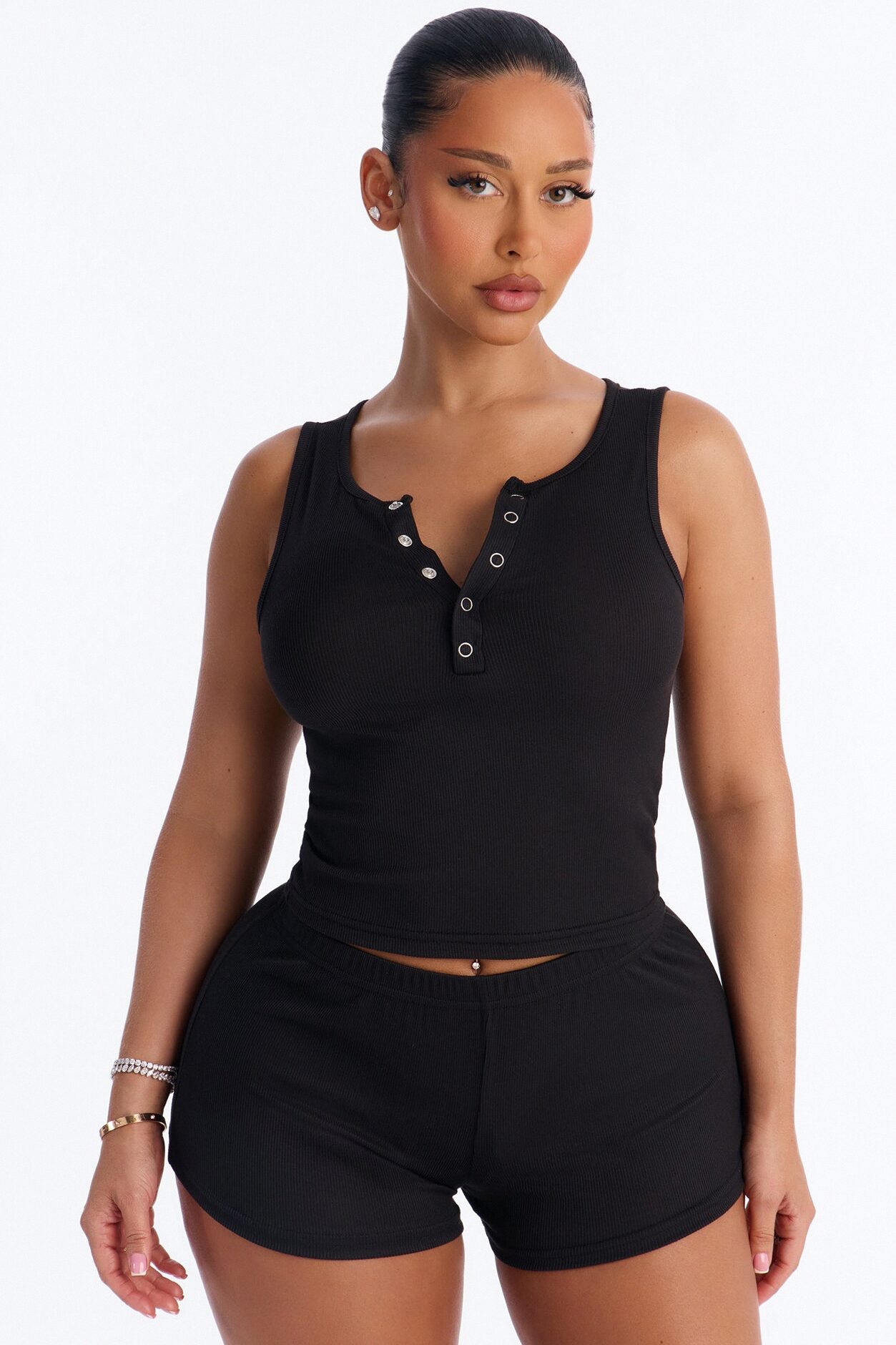 Homebody Ribbed V-Neck PJ Short Set - Black