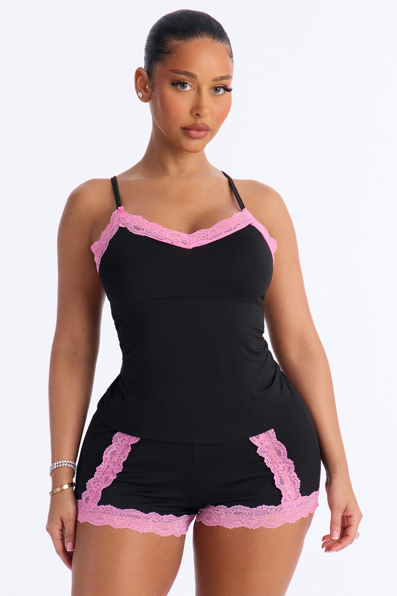 Lay Me Down Cami PJ Short Set - Black/Pink