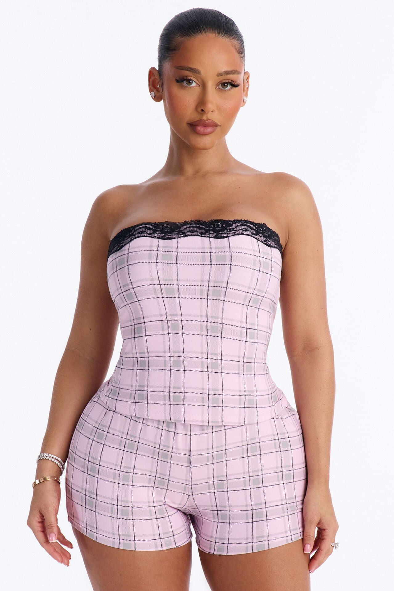 Cozy Slay Era Plaid PJ Tube Top & Short Set - Pink/combo
