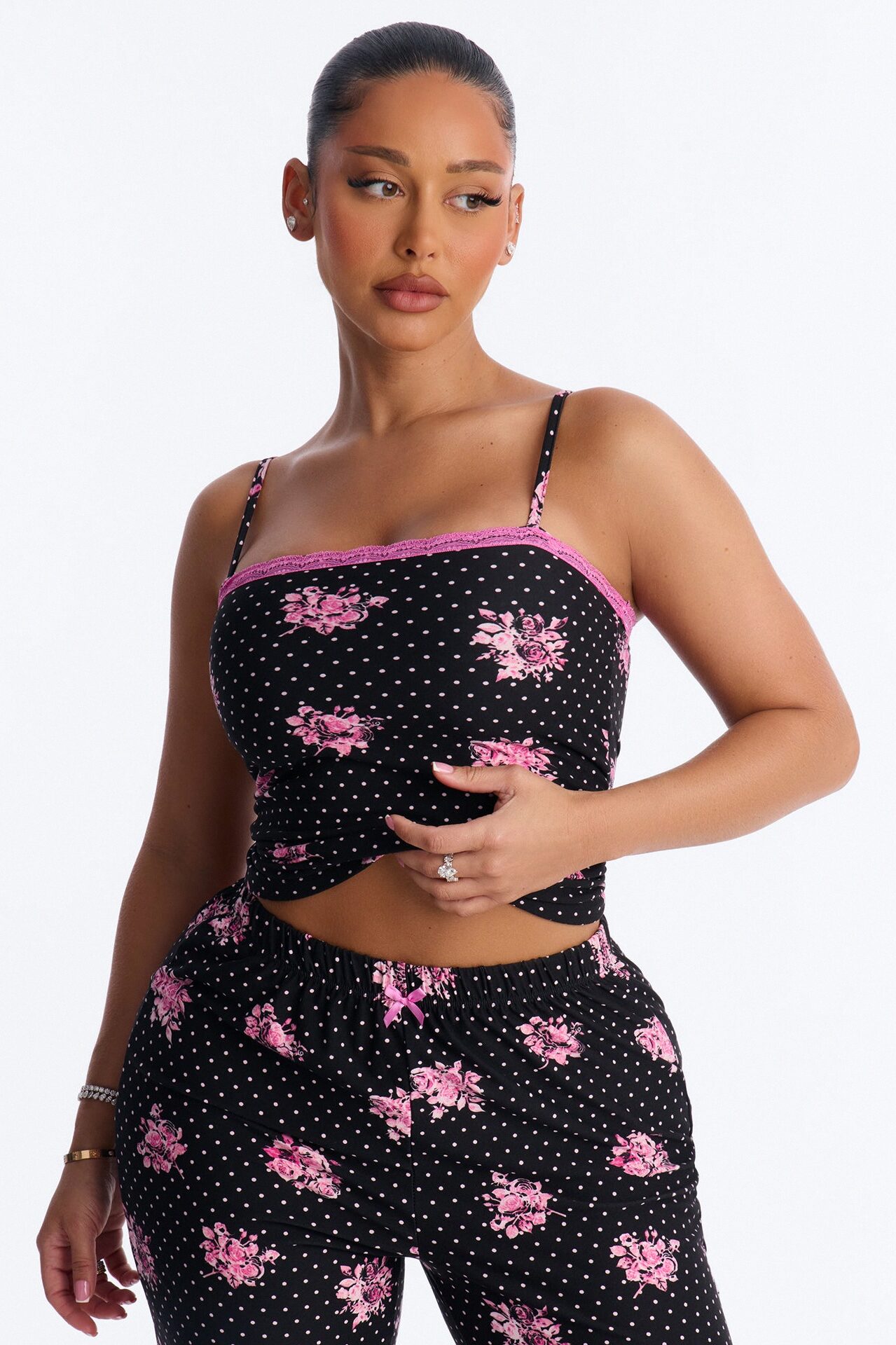 Dreamy And Chic Floral Cami PJ Pant Set - Black/Pink