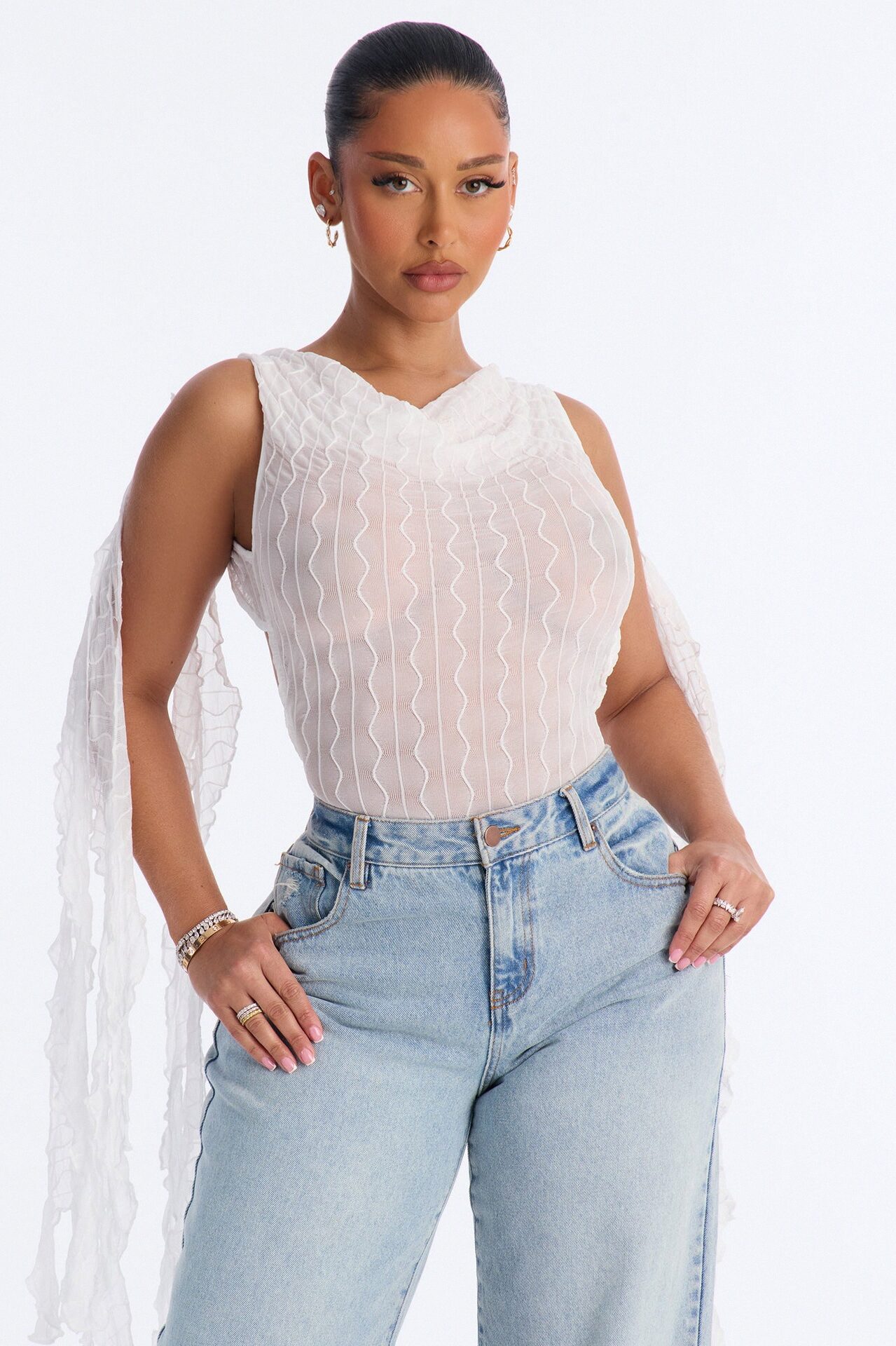 Kallie Ruffle Backless Mesh Bodysuit - White