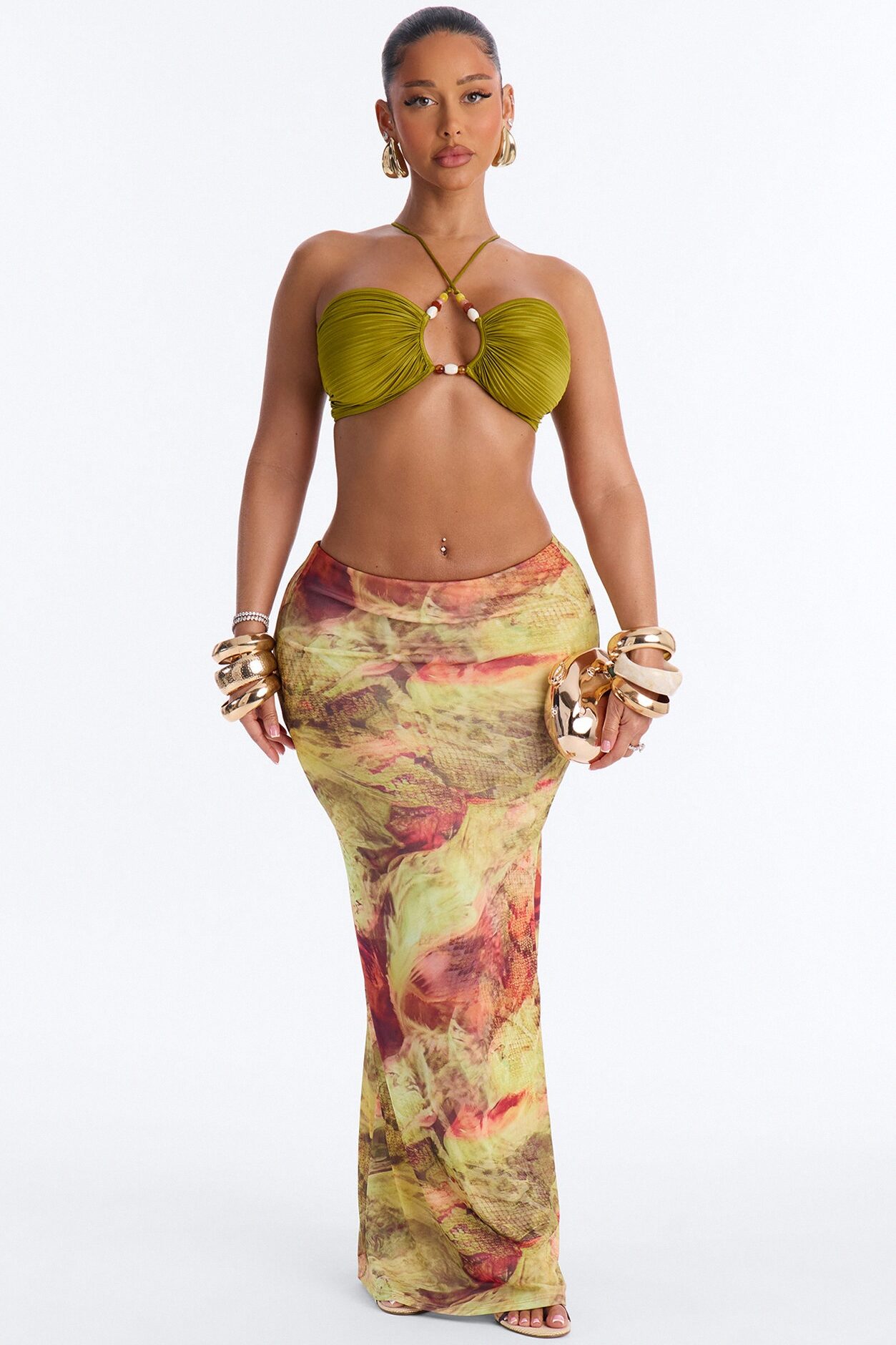 Bahamas Bombshell Plisse Pleated Beaded Bra Top - Olive