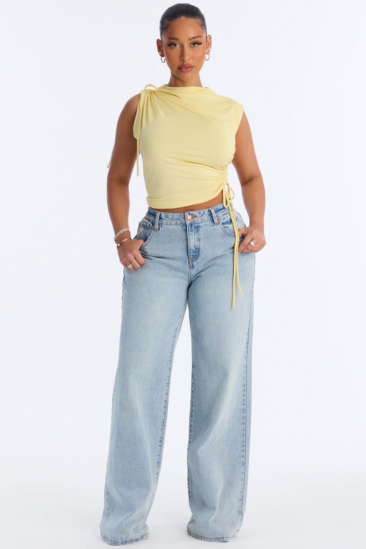 Devon Ruched Drawstring Mock Neck Top - ButterYellow