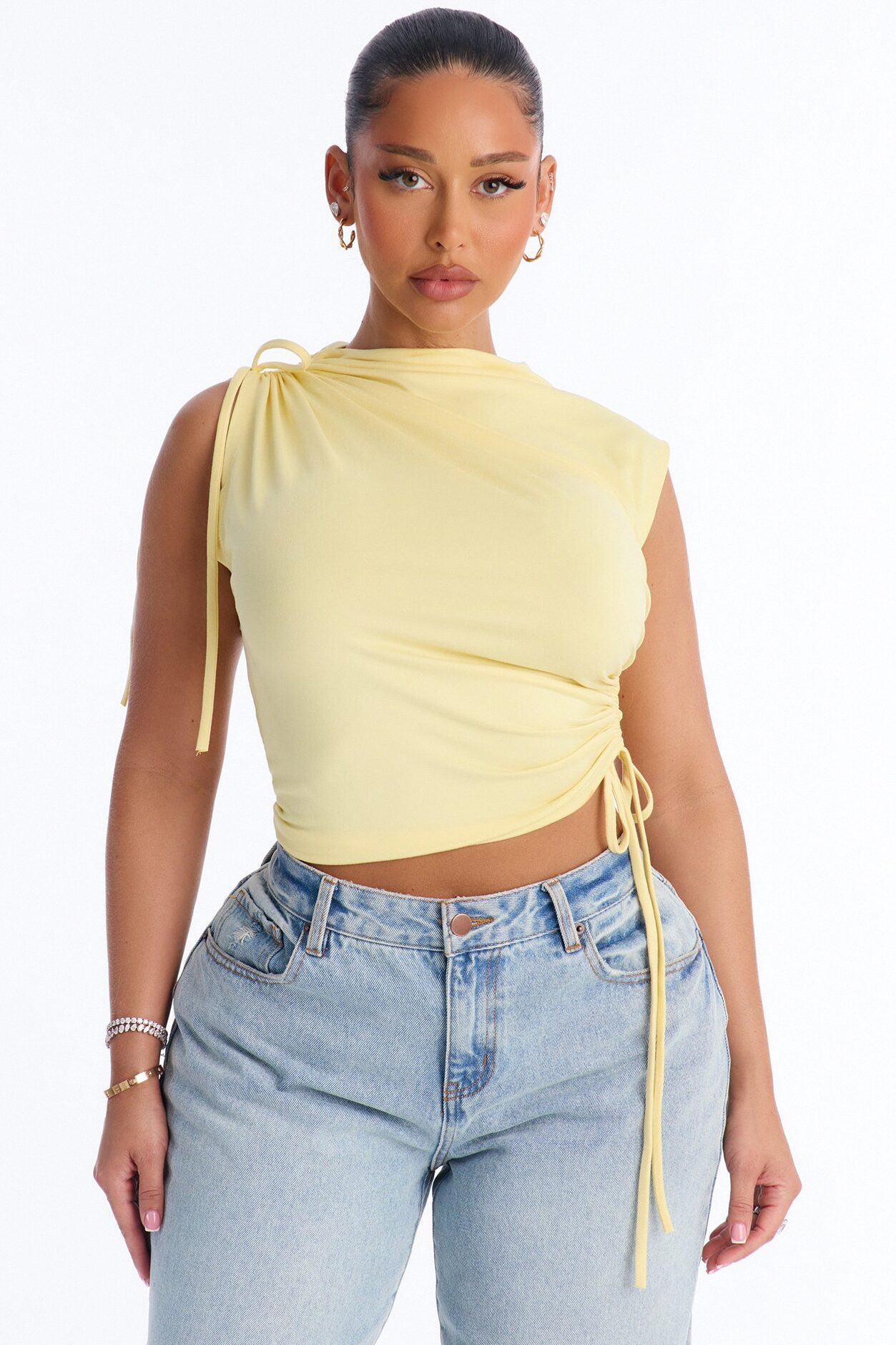 Devon Ruched Drawstring Mock Neck Top - ButterYellow