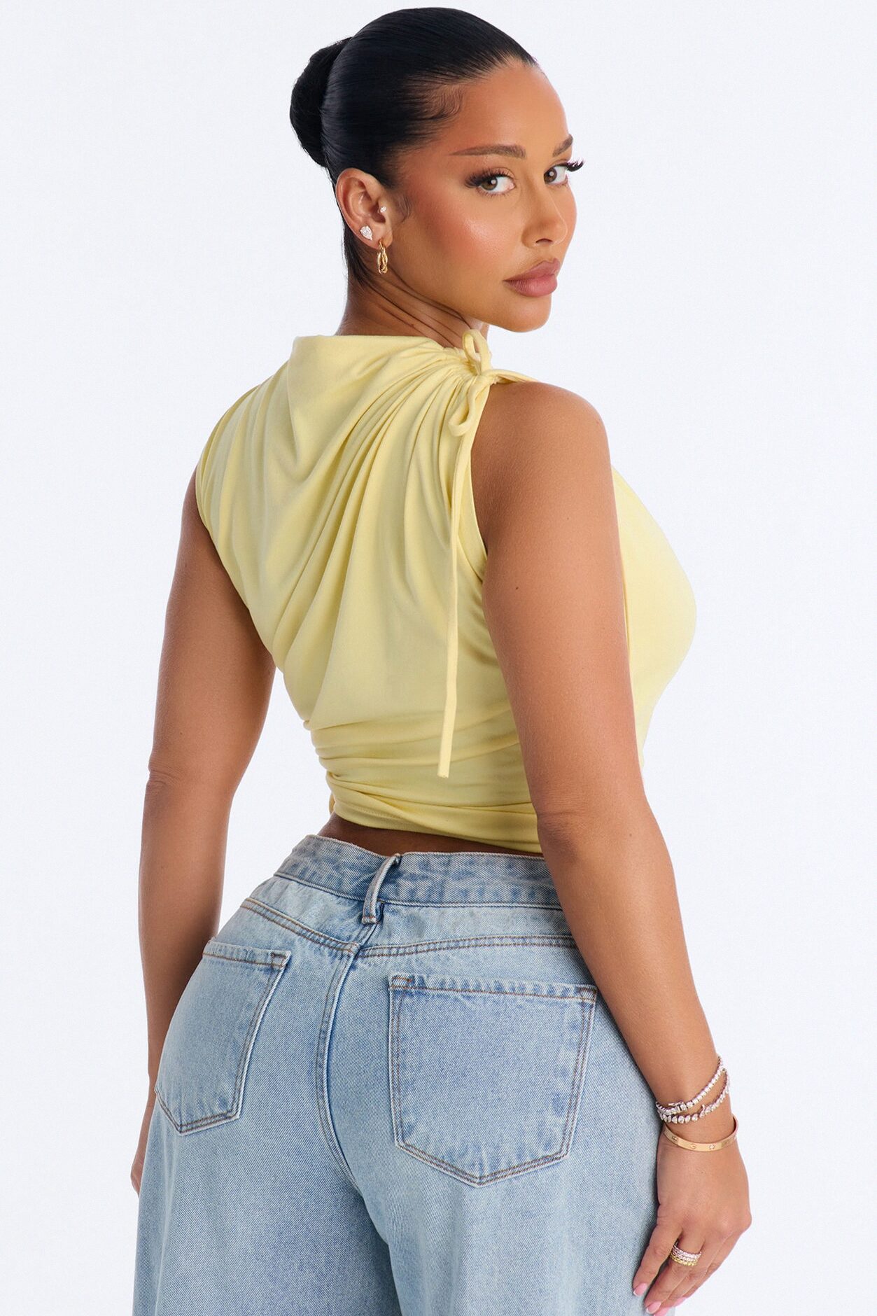 Devon Ruched Drawstring Mock Neck Top - ButterYellow