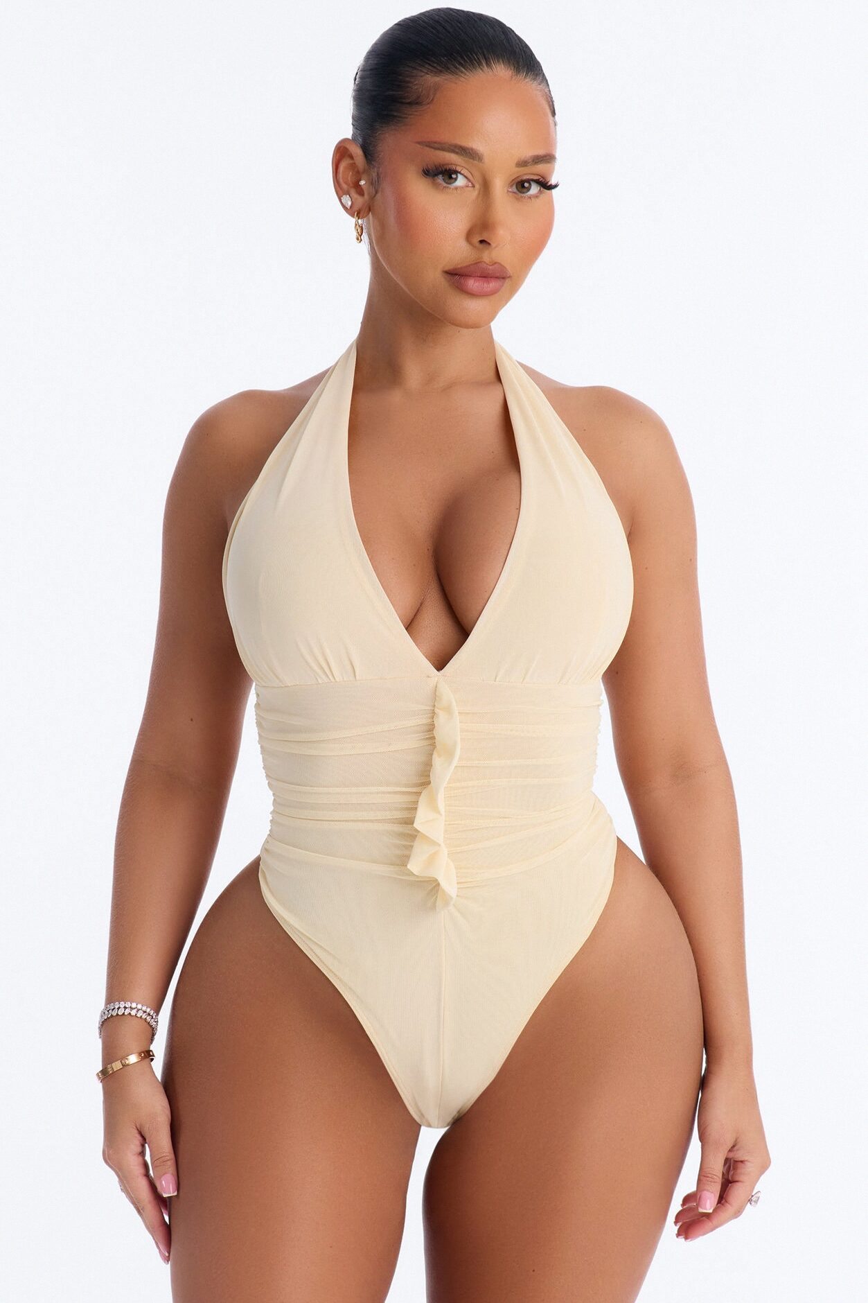 Sabrina Ruffle Mesh Halter Bodysuit - Butter Yellow