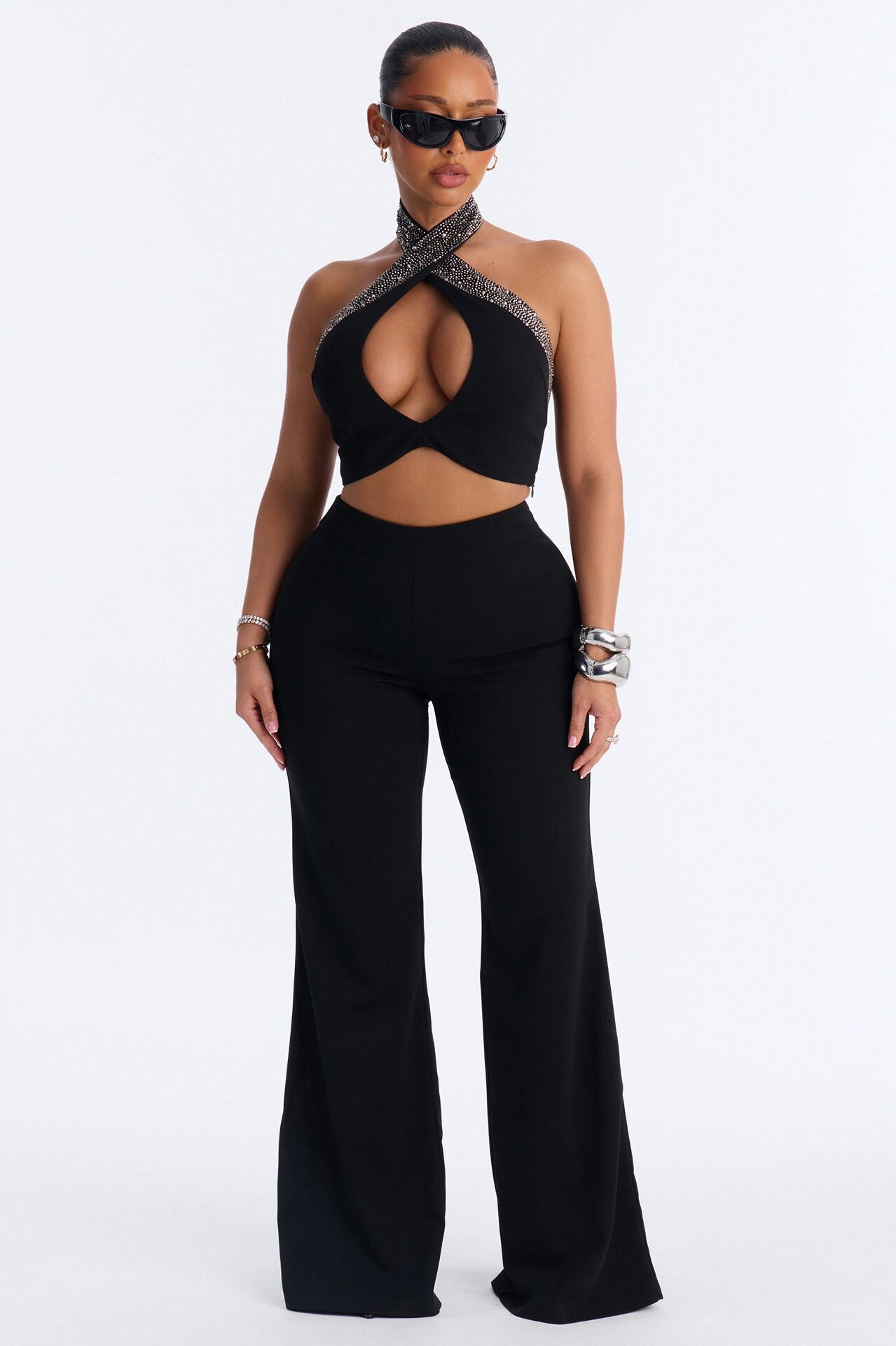Glam Hour Rhinestone Halter Pant Set - Black