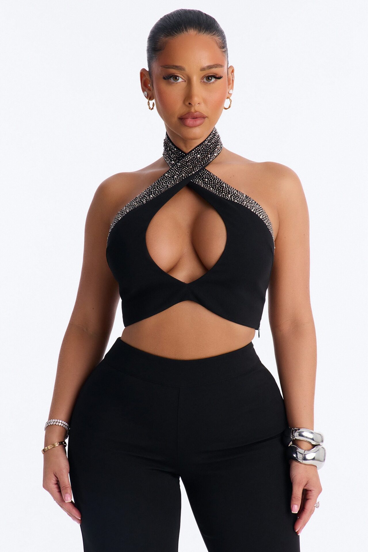 Glam Hour Rhinestone Halter Pant Set - Black