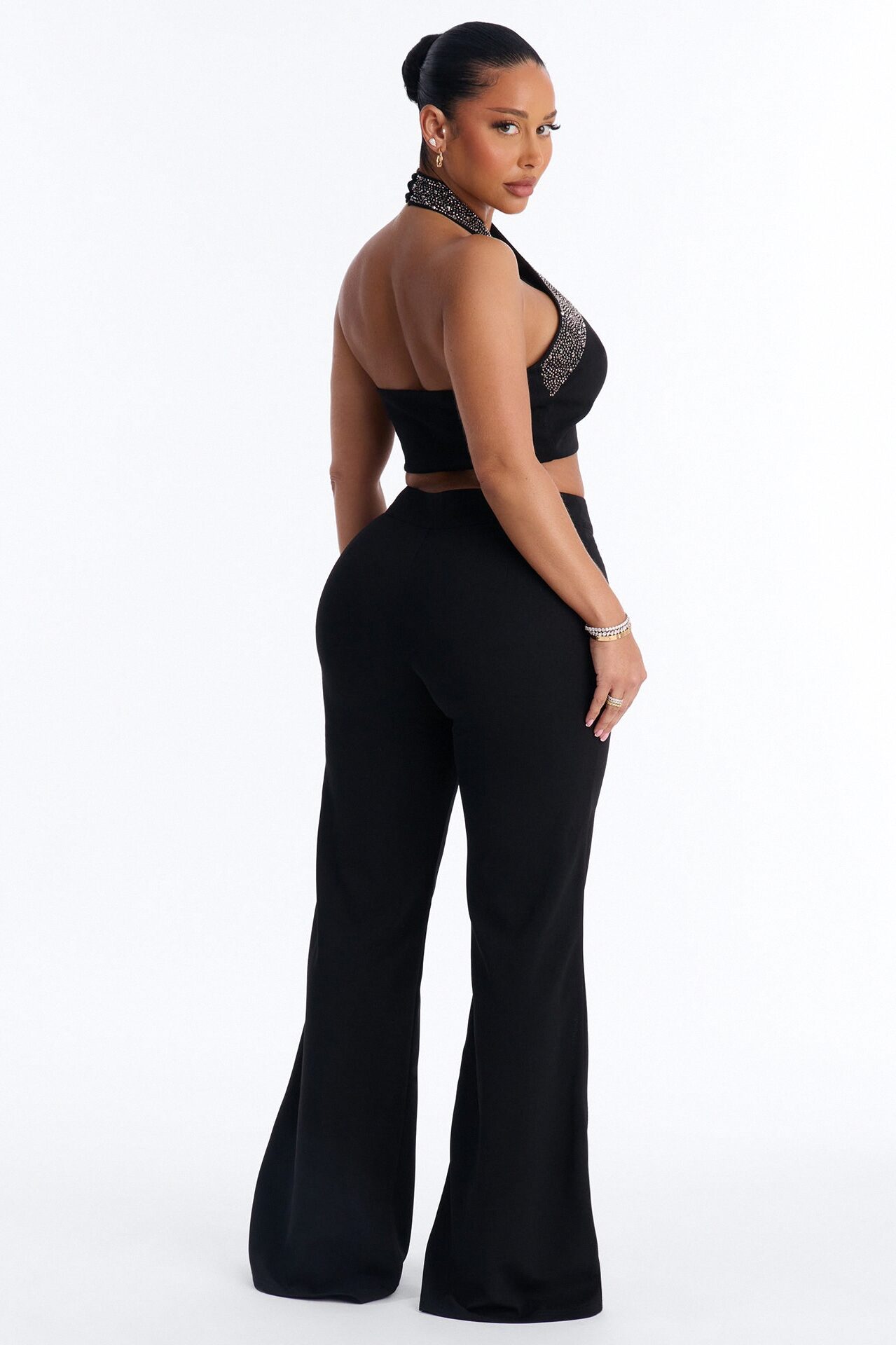 Glam Hour Rhinestone Halter Pant Set - Black