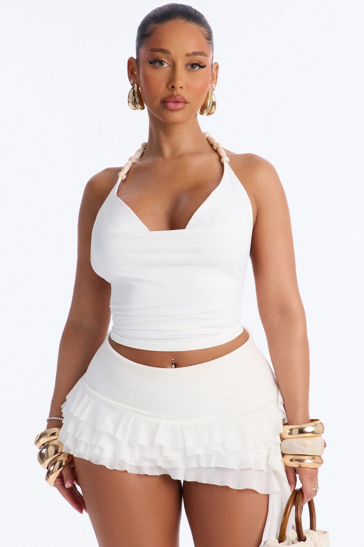 Paradise Nights Beaded Cowl Neck Halter Top - White