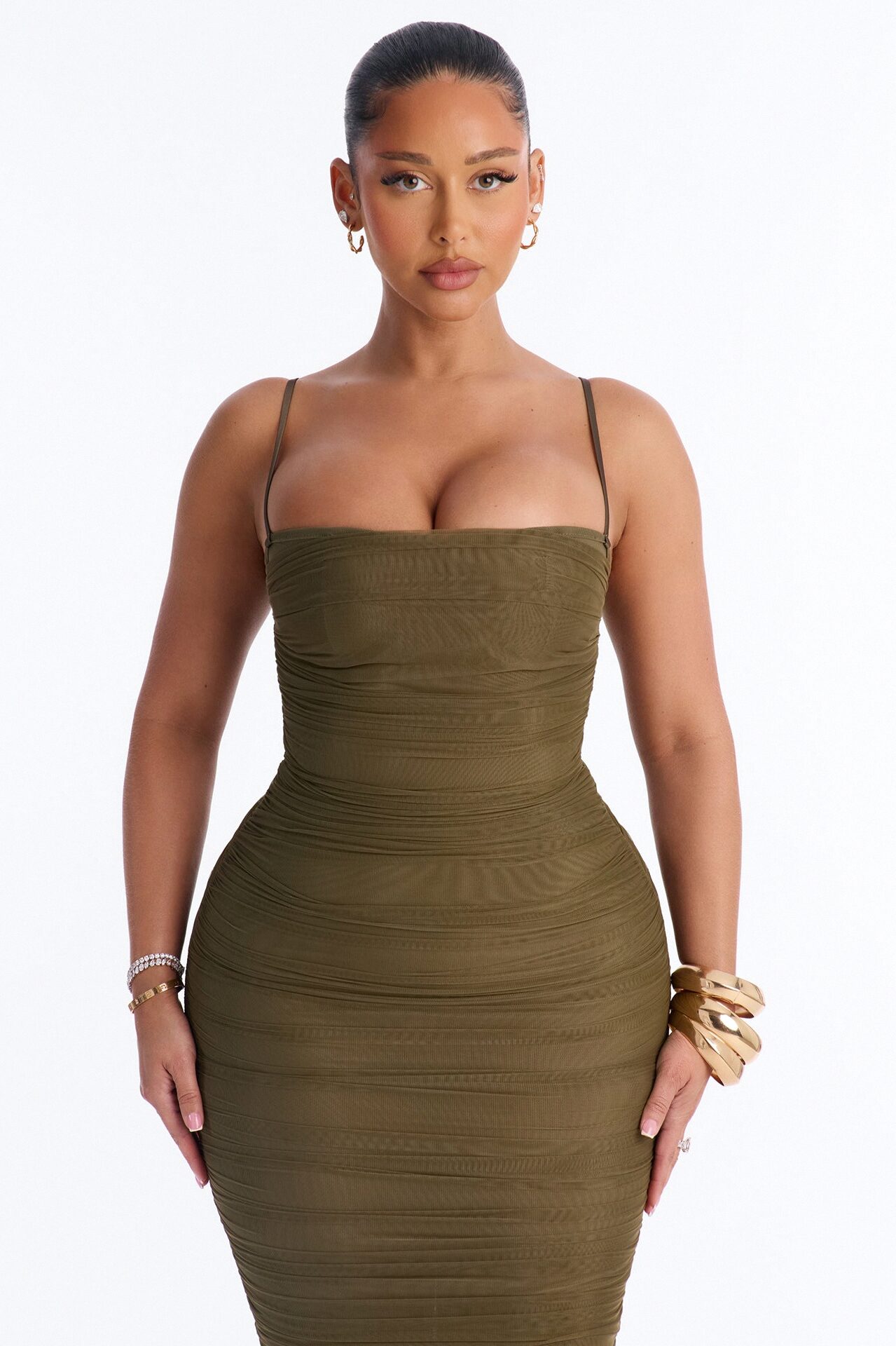 Body Talk Ruched Mesh Maxi Dress - Olive