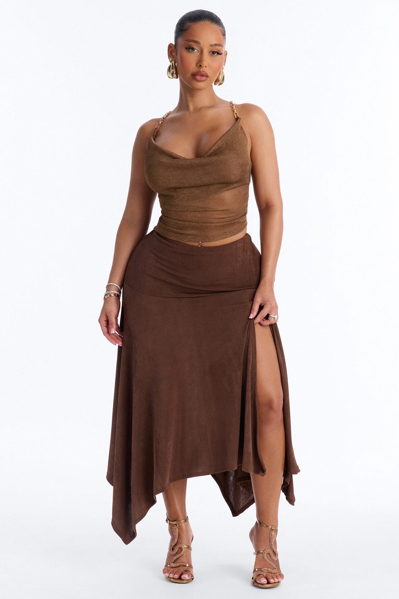 Alyssa Drop Waist Slinky Midi Skirt - Chocolate
