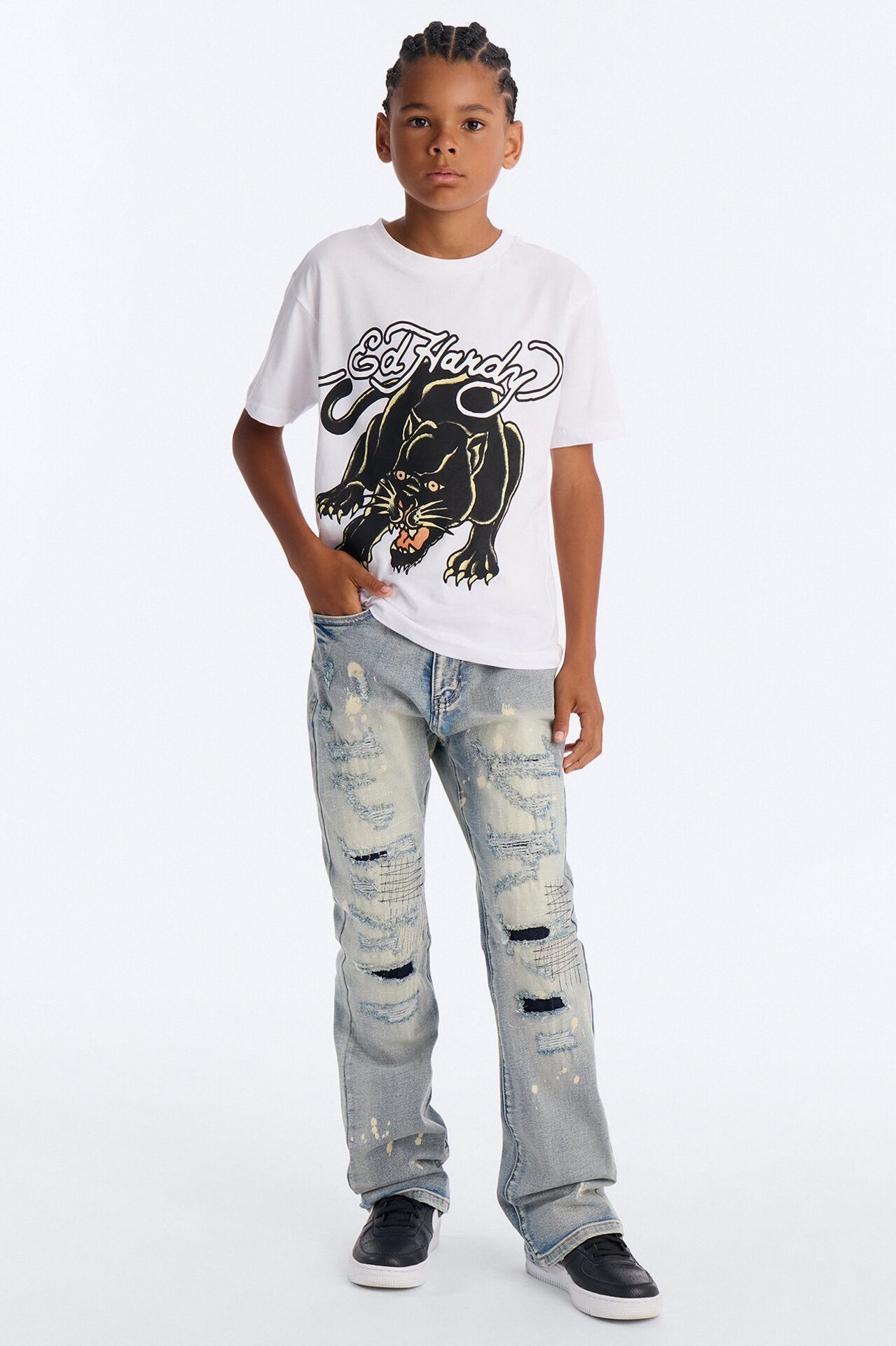 Mini Ed Hardy Bold Panther Front/Back Short Sleeve Tee - White