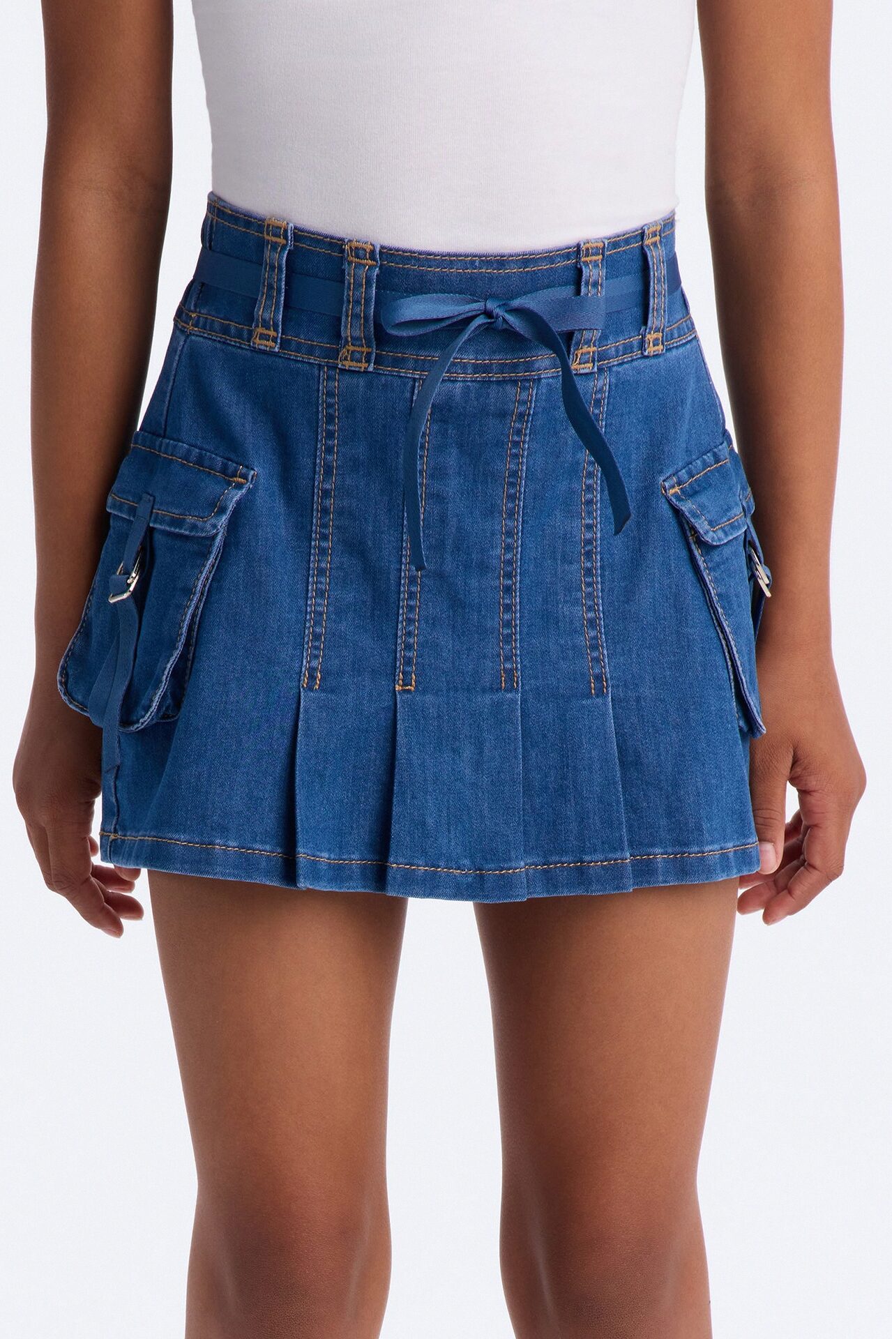 Mini Melanie Pleated Cargo Denim Mini Skirt - Blue