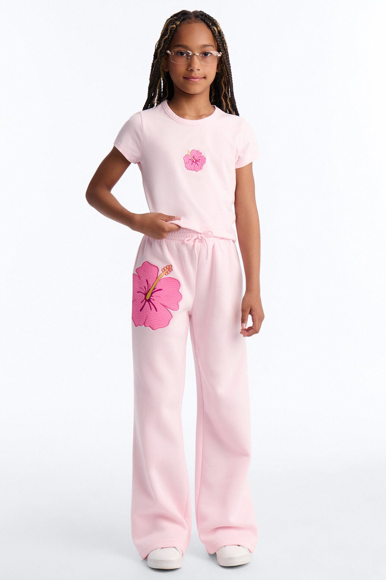 Mini Happy Hibiscus Wide Leg Pant Set - Light Pink