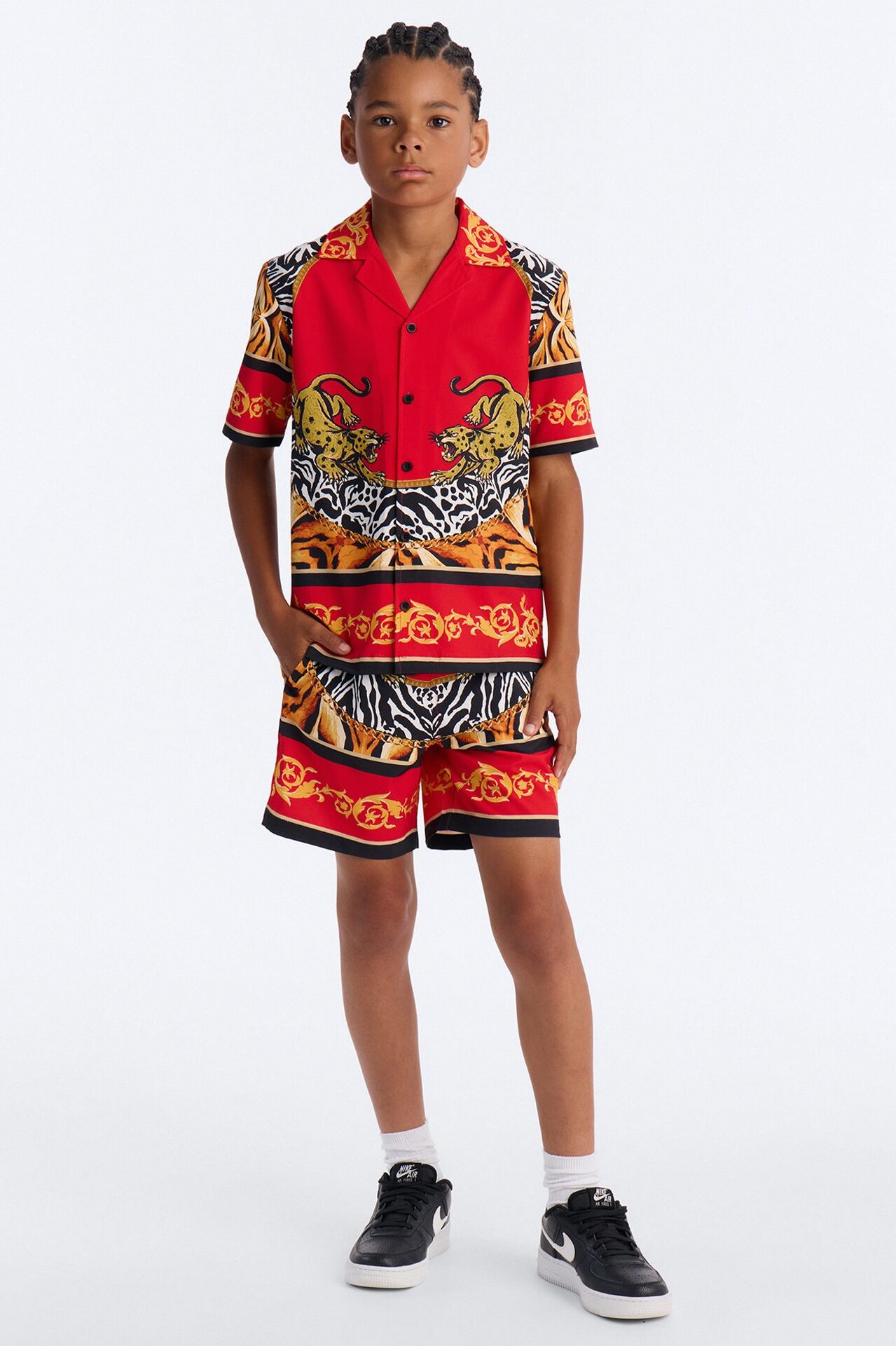 Mini Jungle Royale Baroque Cuban Collar Button Up Shirt - Red