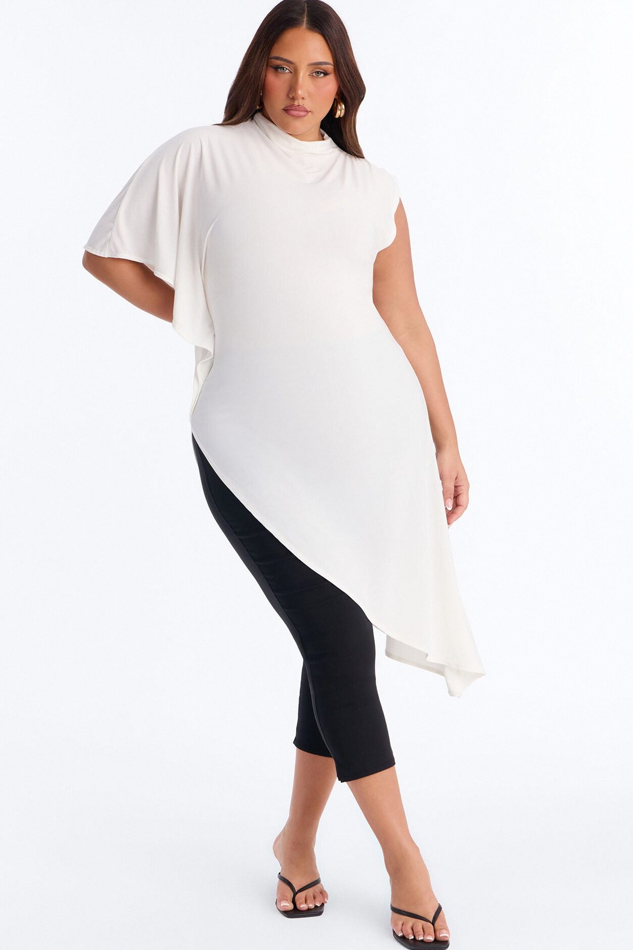 She's Divine Long Asymmetrical Short Sleeve Top - Cream
