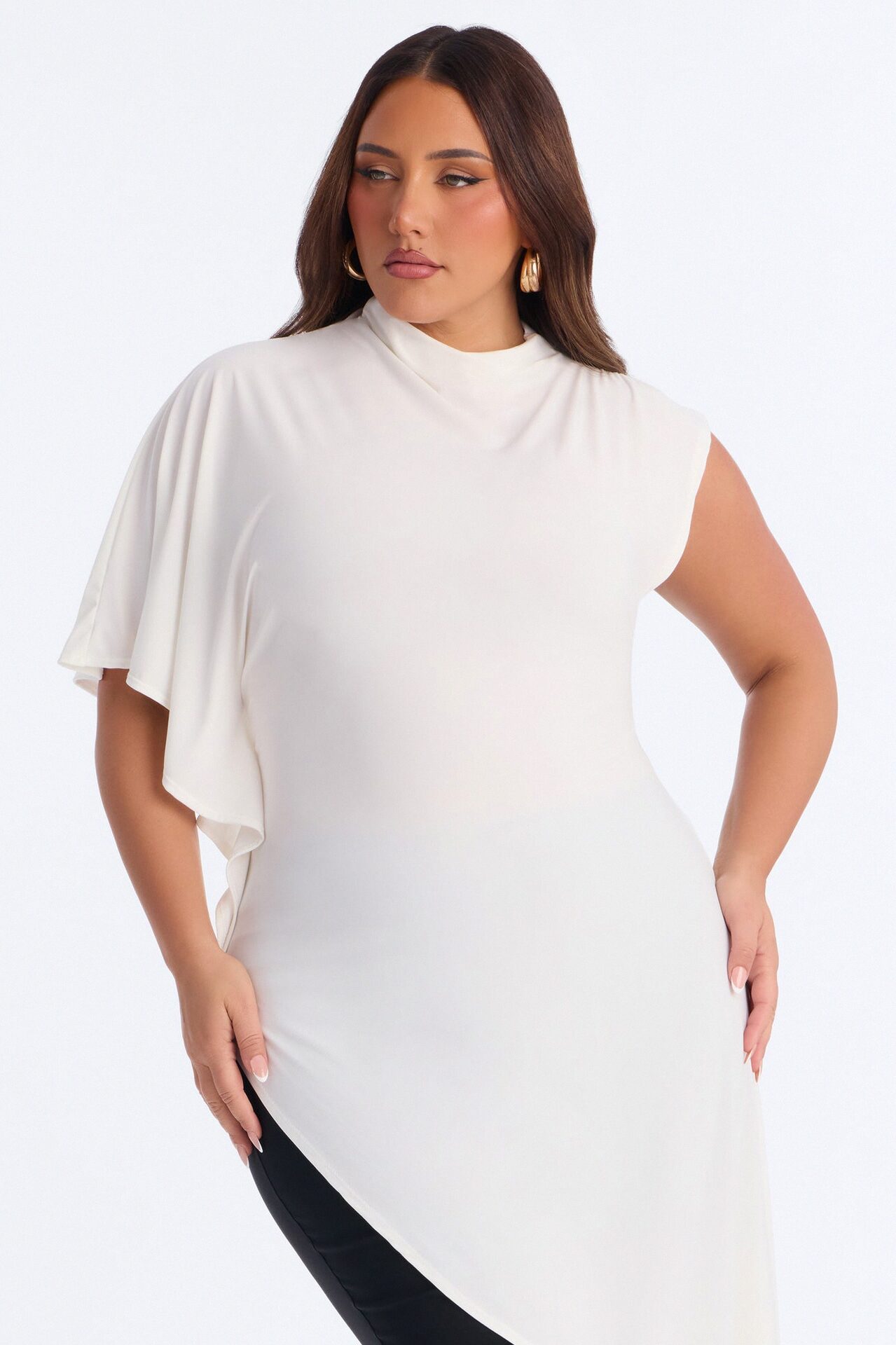 She's Divine Long Asymmetrical Short Sleeve Top - Cream