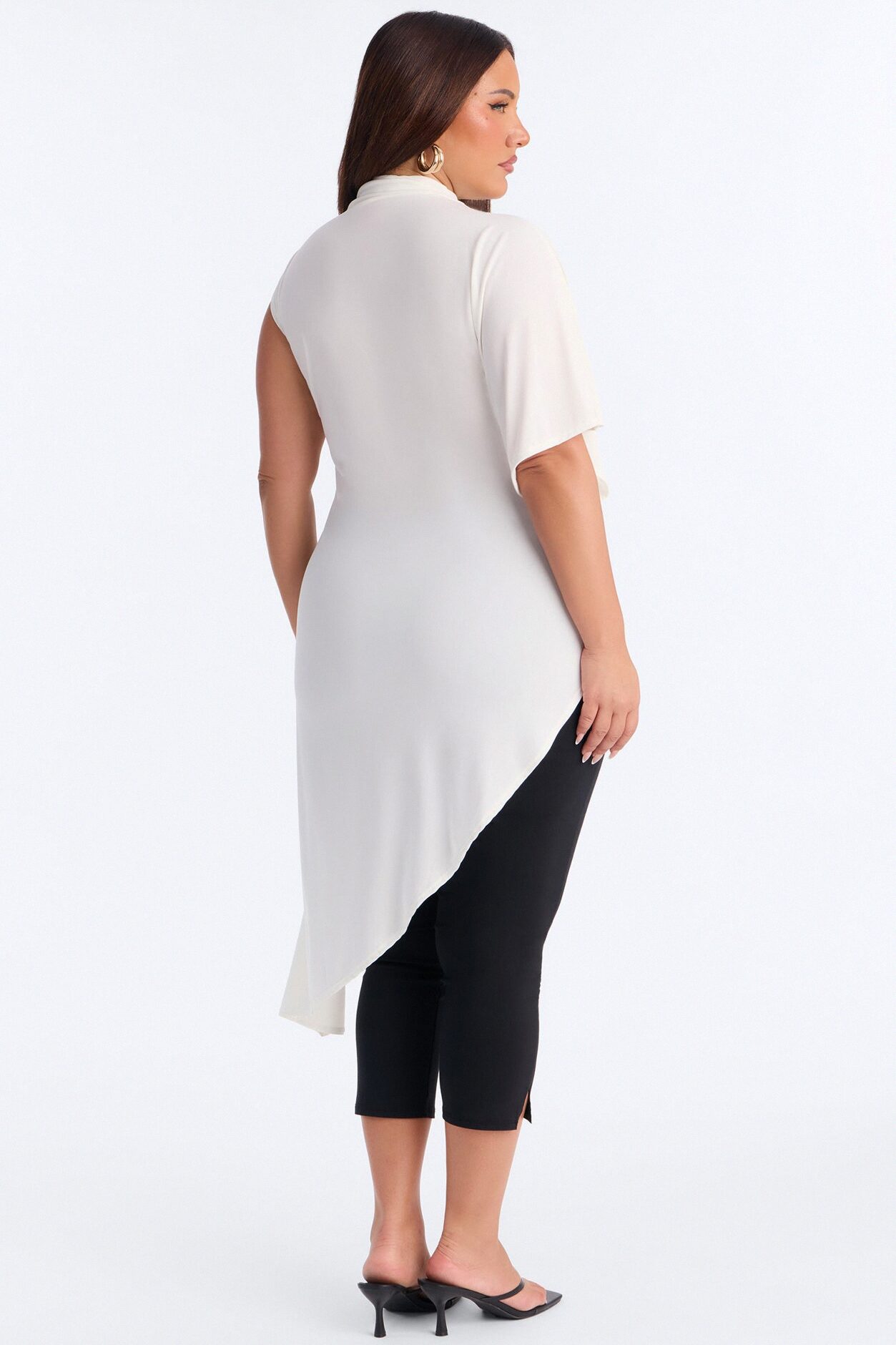 She's Divine Long Asymmetrical Short Sleeve Top - Cream