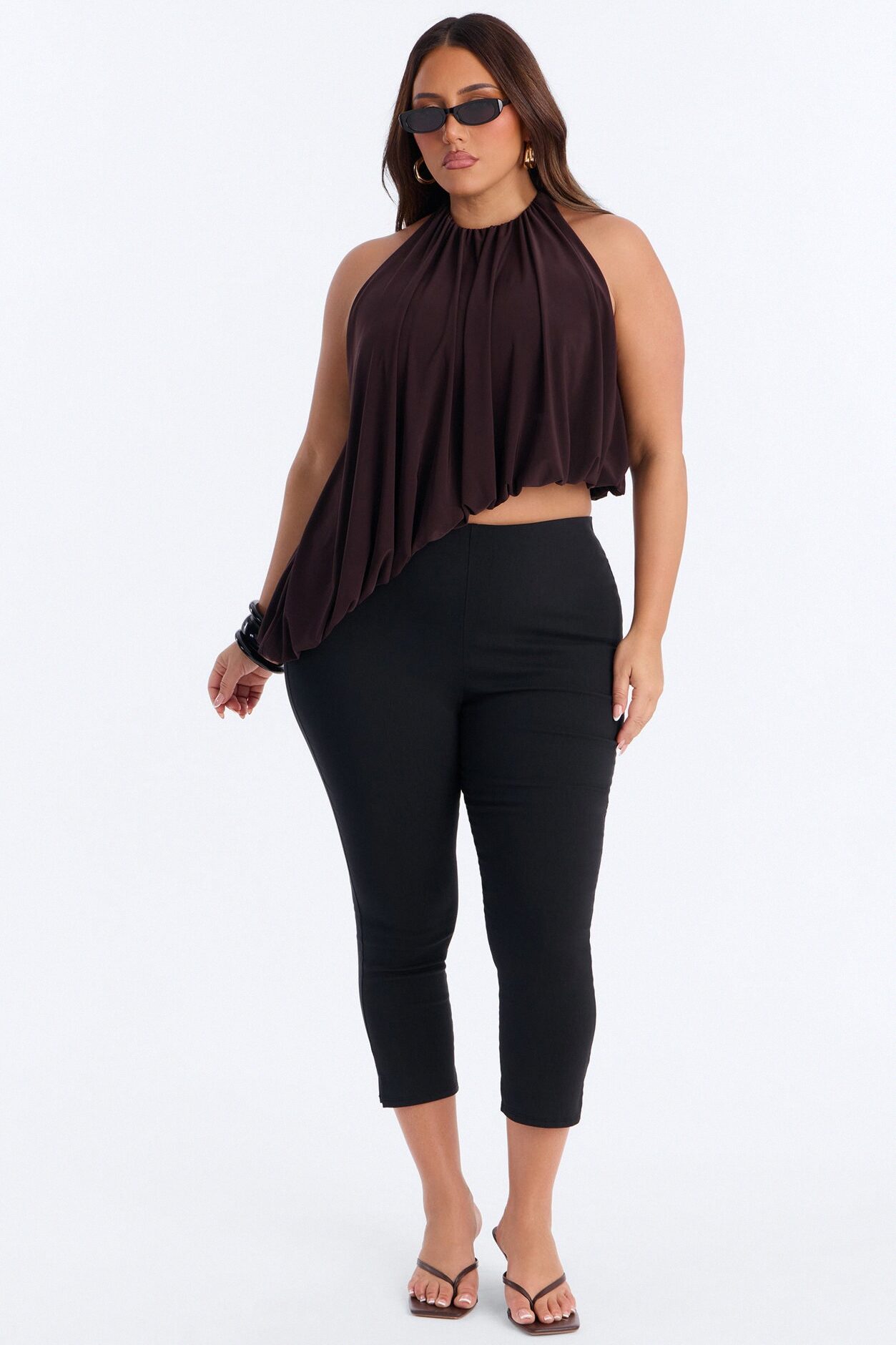 Selena Ruched Asymmetrical Halter Top - Brown