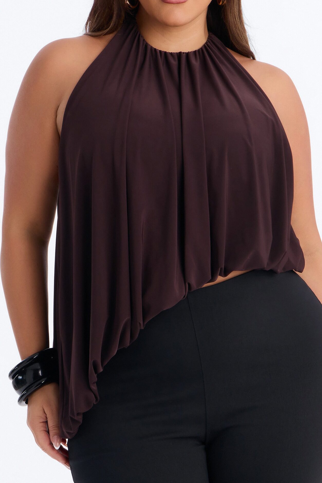 Selena Ruched Asymmetrical Halter Top - Brown