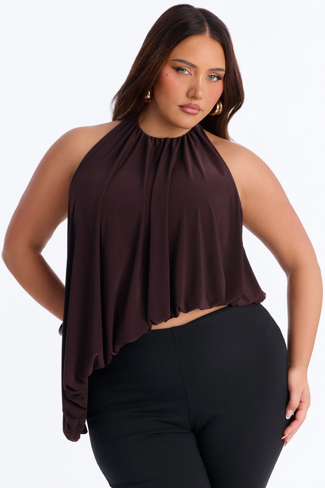 Selena Ruched Asymmetrical Halter Top - Brown