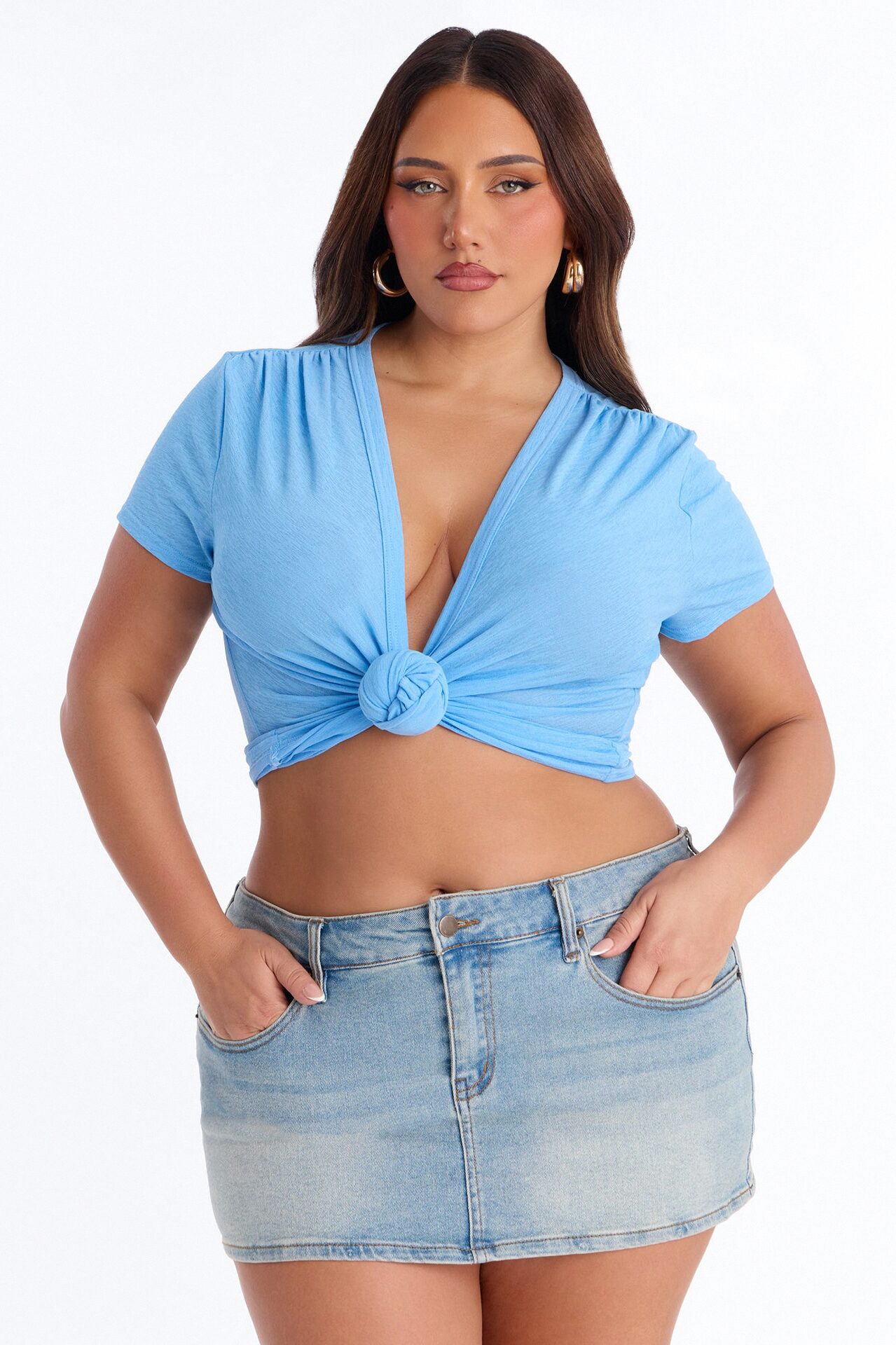 Selena Textured Knot Short Sleeve Top - Blue