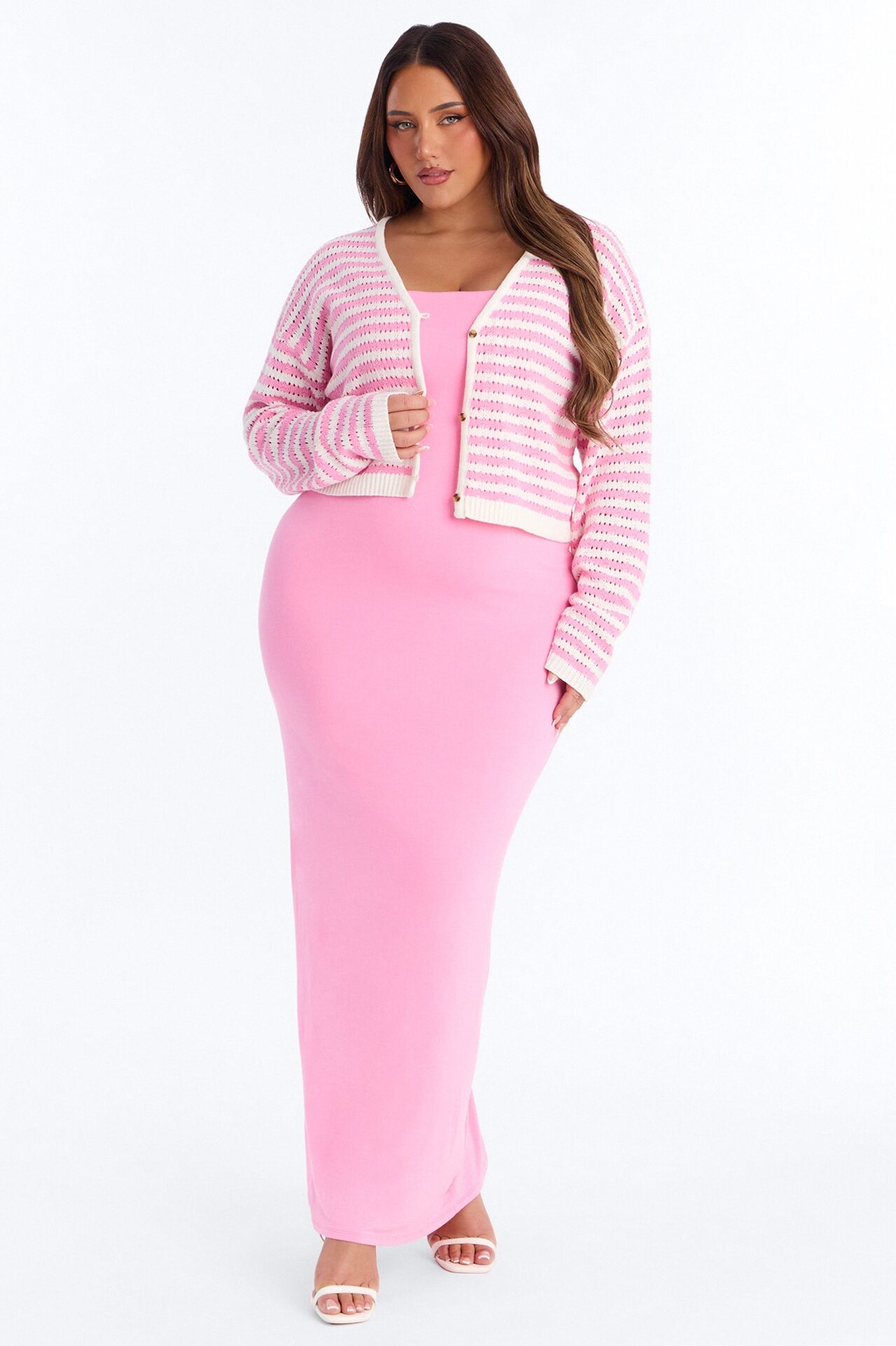 Gigi 2 Piece Maxi Dress Cardigan Set - Pink