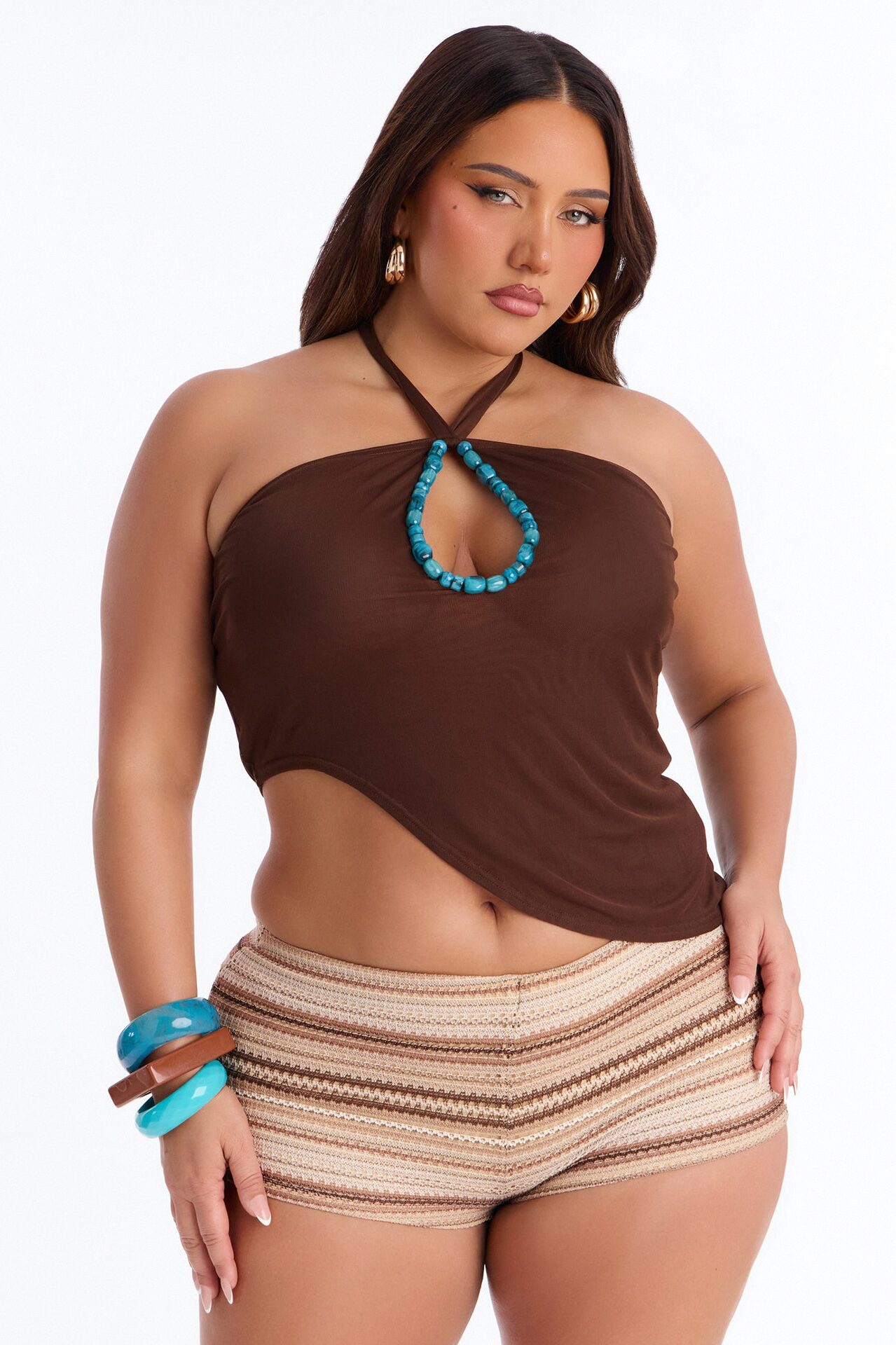 Summer Heat Beaded Mesh Halter Top - Brown