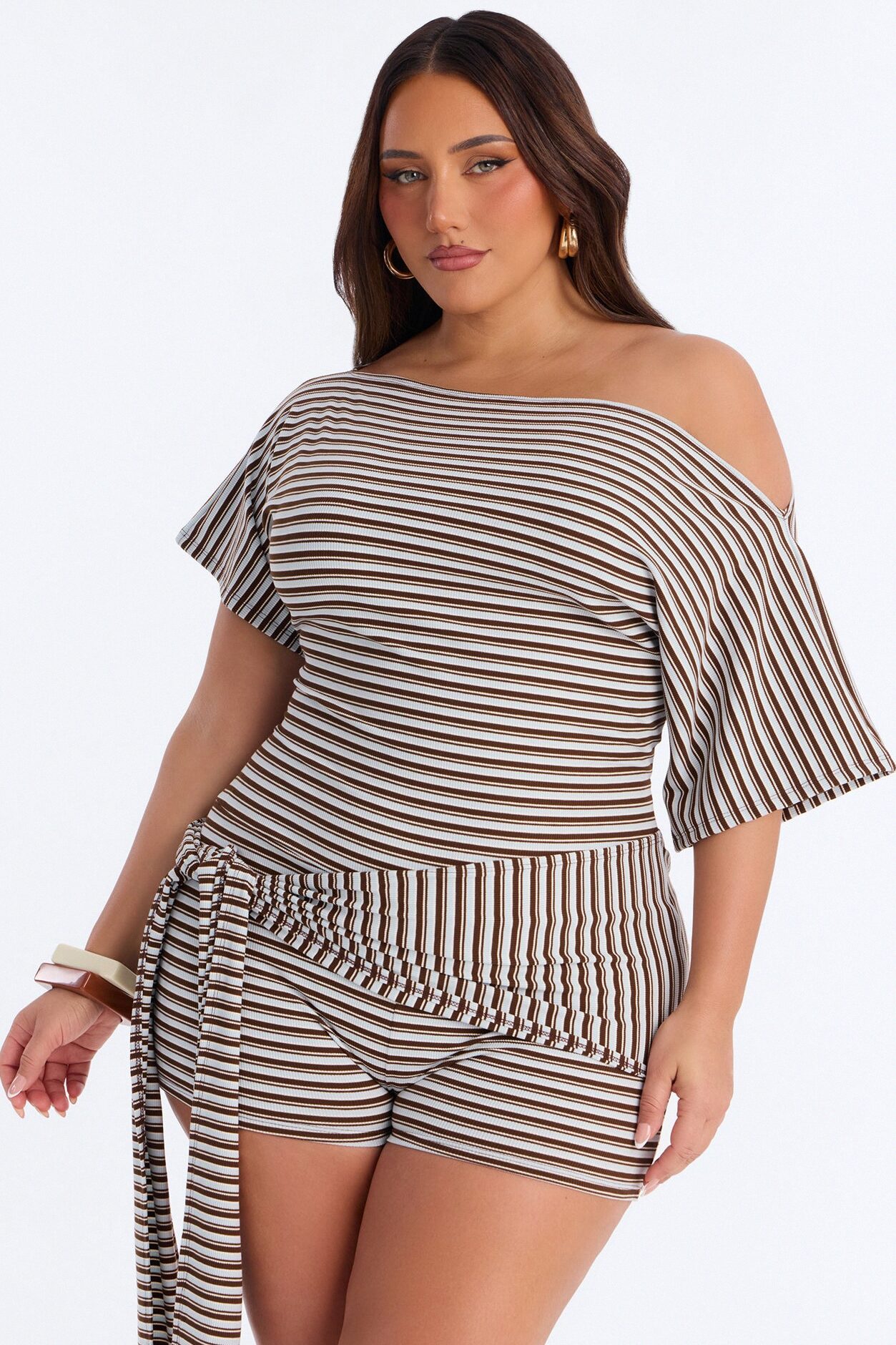 Bre Striped Off Shoulder Tie Romper - Brown