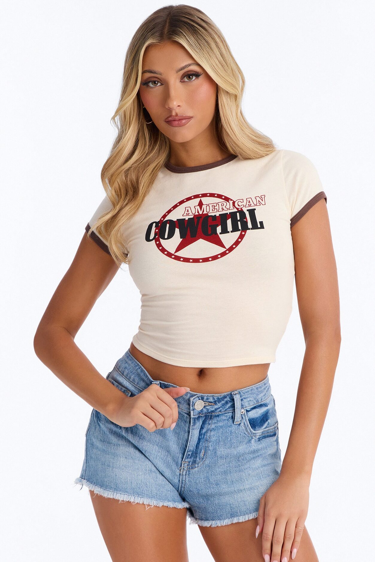 American Cowgirl Ringer Baby Tee - Off White