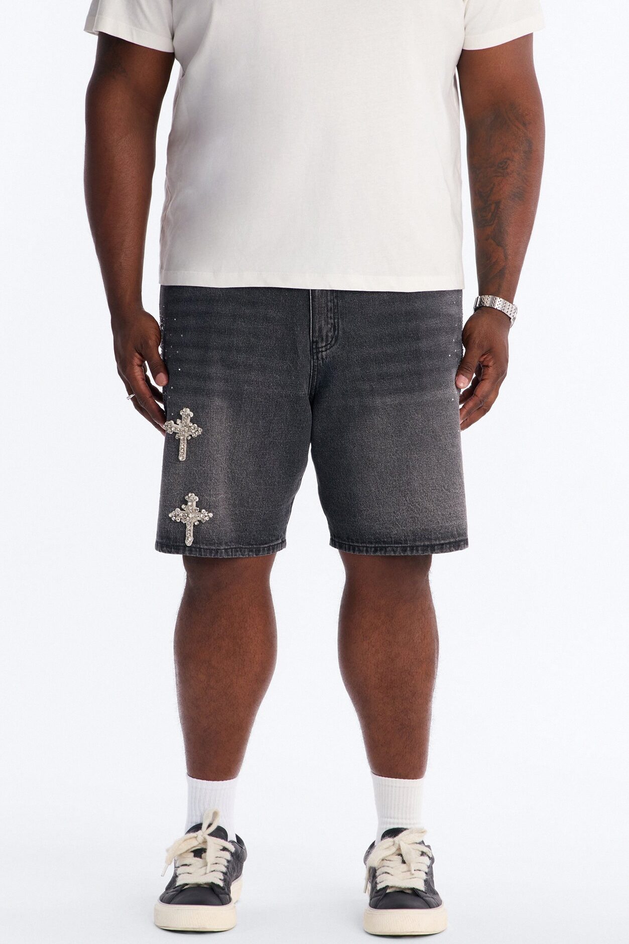 Relaxed Divine Jeweled Cross Denim Short - Black Wash
