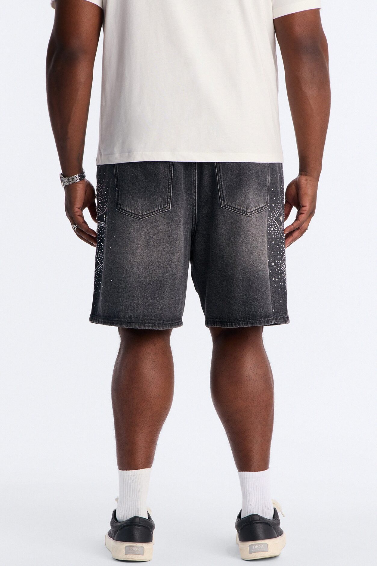 Relaxed Divine Jeweled Cross Denim Short - Black Wash